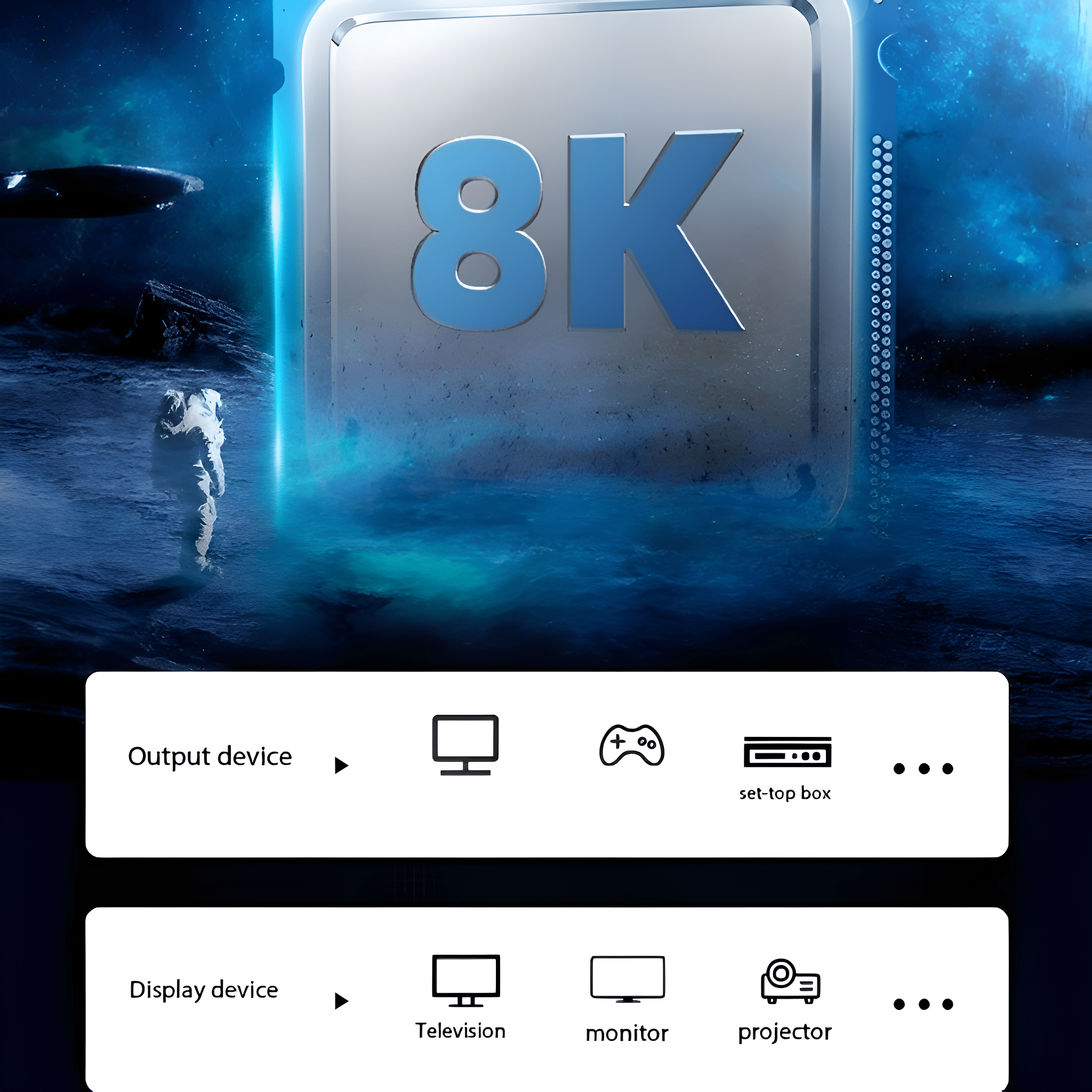 Ein futuristisches Bild mit einem Astronauten und einem großen '8K'-Logo.