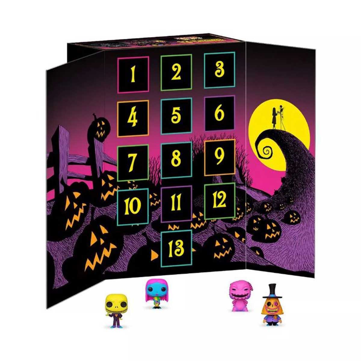 Calendario dell'Avvento con scatole numerate e statuette. Presenta un tema di Halloween.