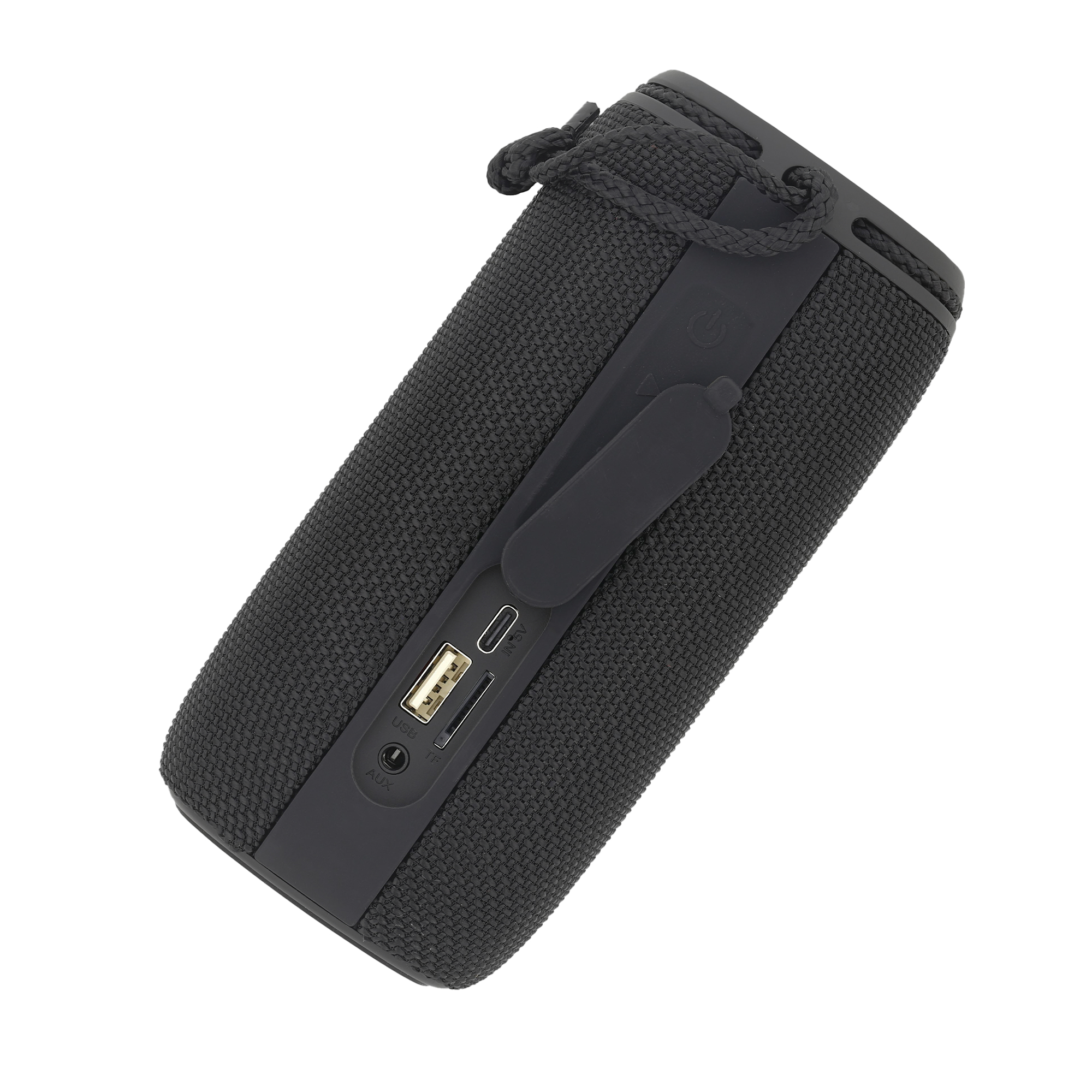 Czarny, cylindryczny głośnik Bluetooth z widocznymi portami wejściowymi.