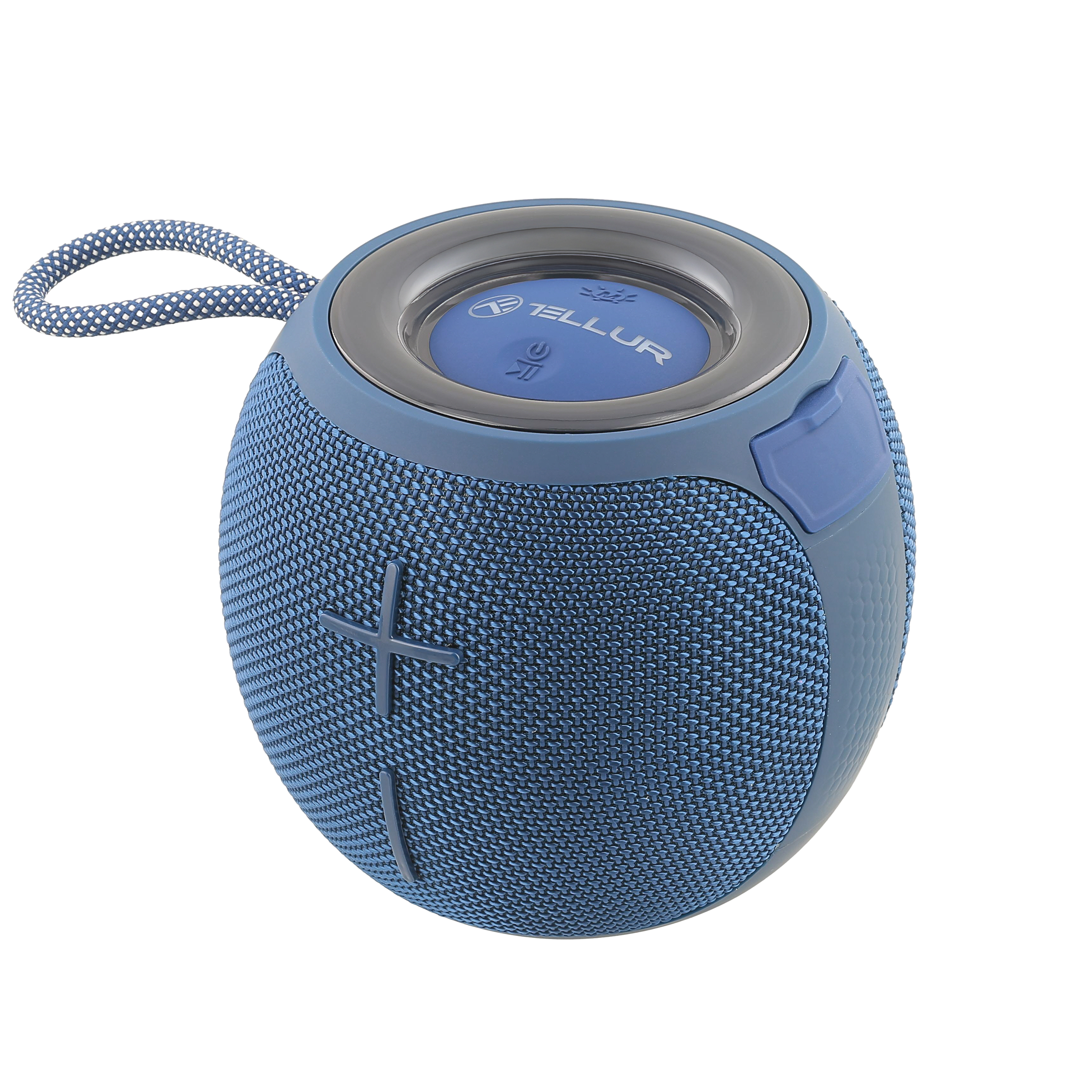 Niebieski, sferyczny, przenośny głośnik Bluetooth z paskiem do noszenia i przyciskami funkcyjnymi.