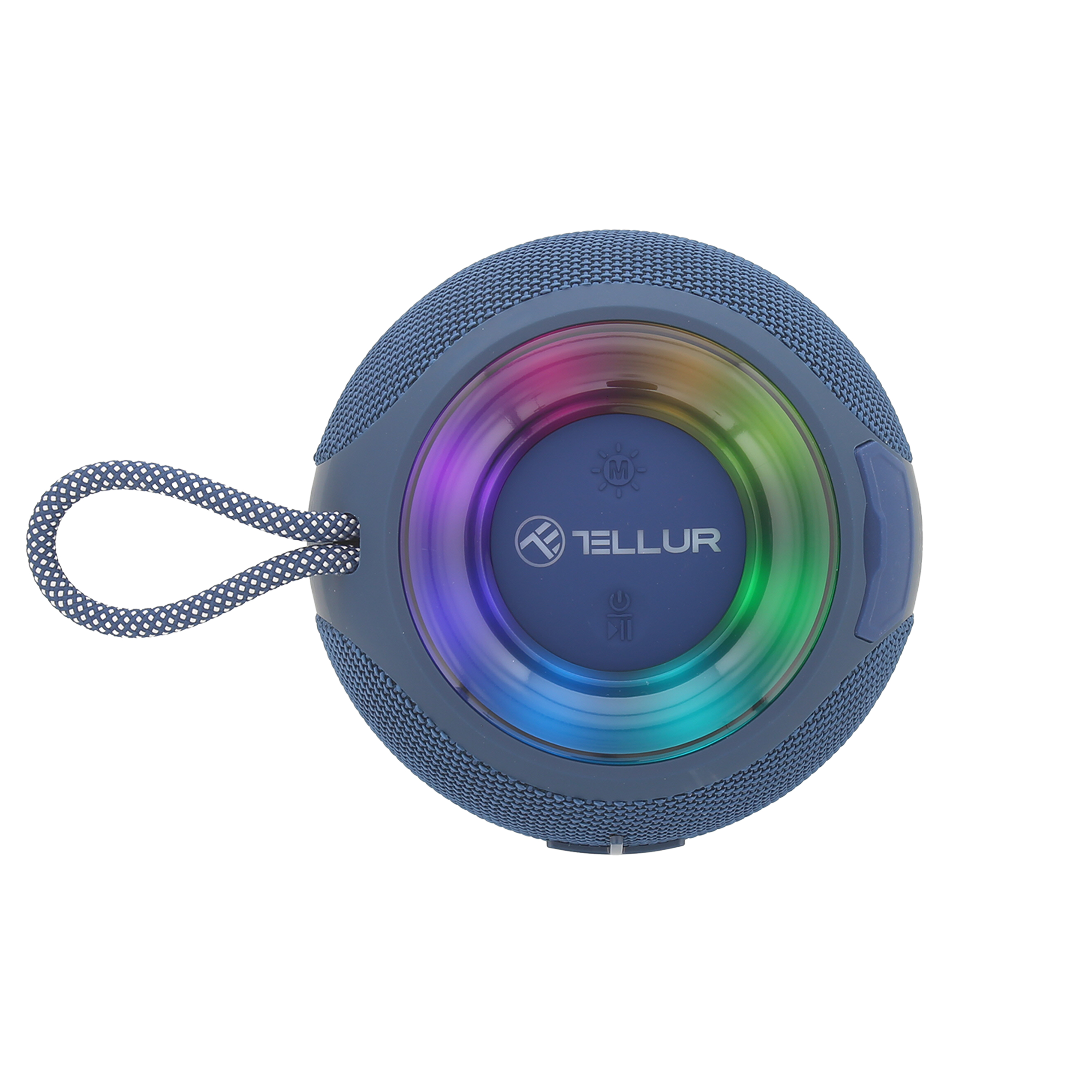 Niebieski, okrągły głośnik z kolorowym pierścieniem świetlnym.