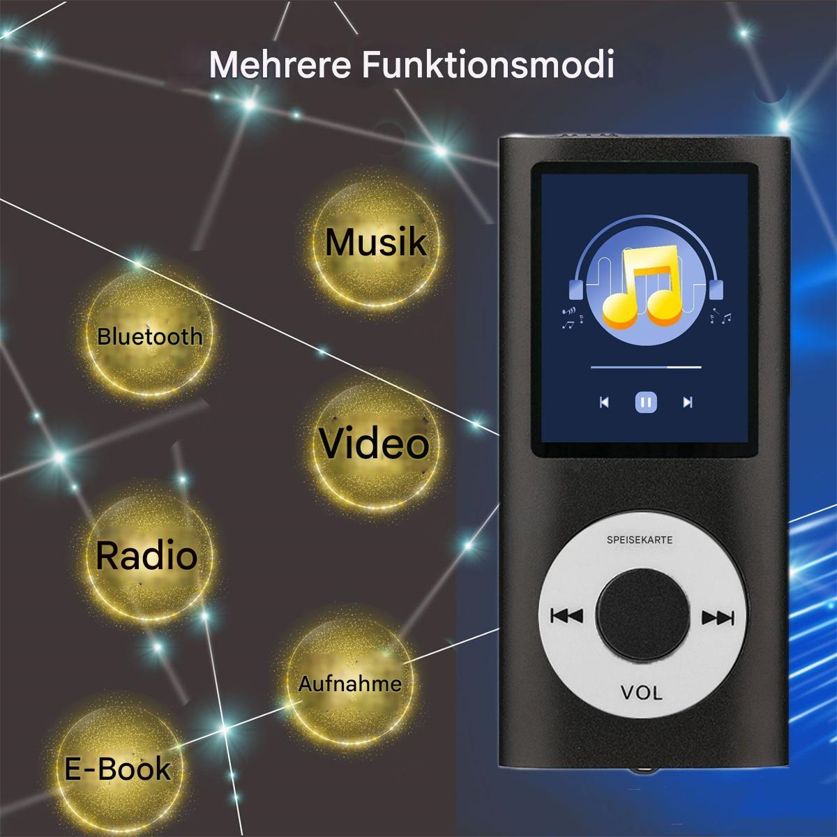 Schwarzer MP3-Player mit Bildschirm, verschiedene Funktionsmodi werden in goldenen Kreisen hervorgehoben.