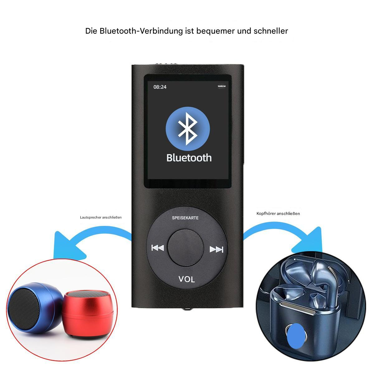Ein schwarzer MP3-Player mit Bluetooth, einem Lautsprecher und Kopfhörern.