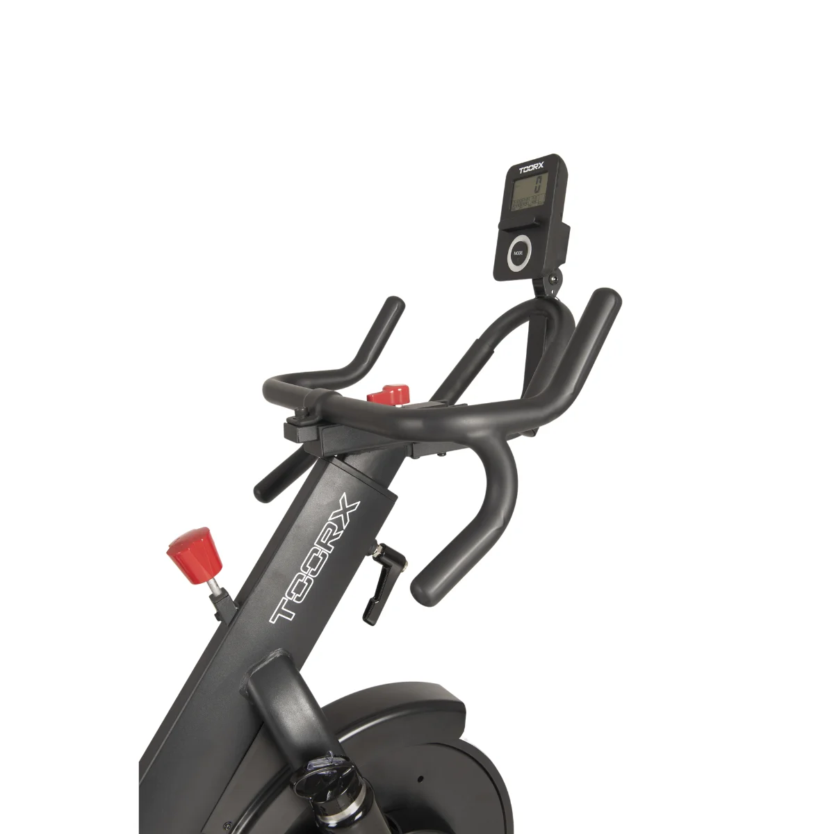 Heimtrainer mit Display und Griffen. Schwarzes Fahrrad, rote Knöpfe, TOORX-Etikett.