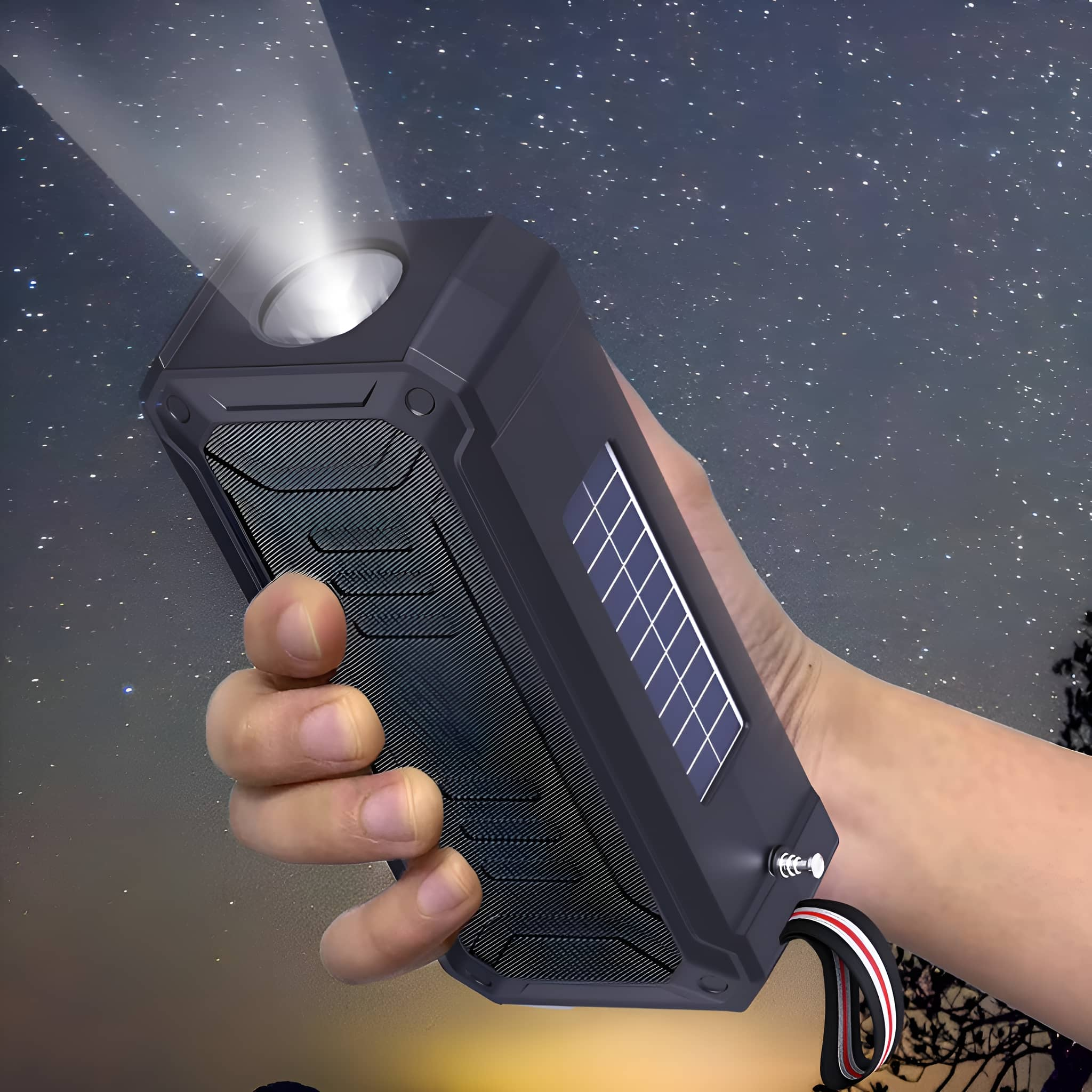 Eine Hand, die eine schwarze Taschenlampe mit Solarpanel und Sternenhintergrund hält.