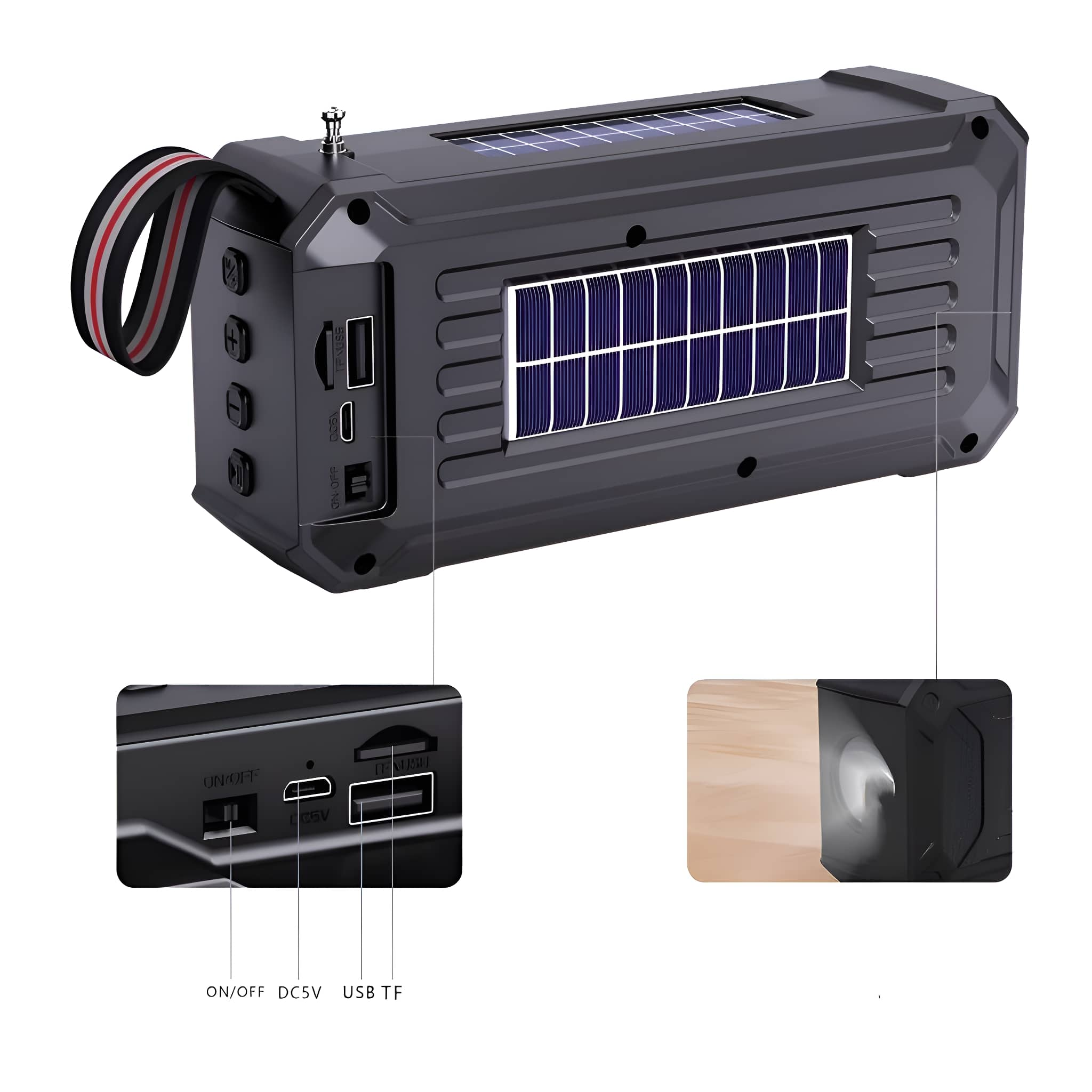 Schwarzer und grauer solarbetriebener Lautsprecher mit USB- und TF-Anschlüssen.