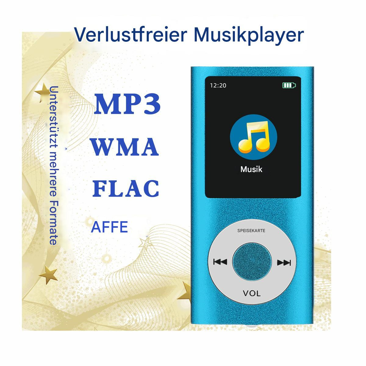 Blauer MP3-Player mit Bildschirm, der Noten und Bedienelemente anzeigt.