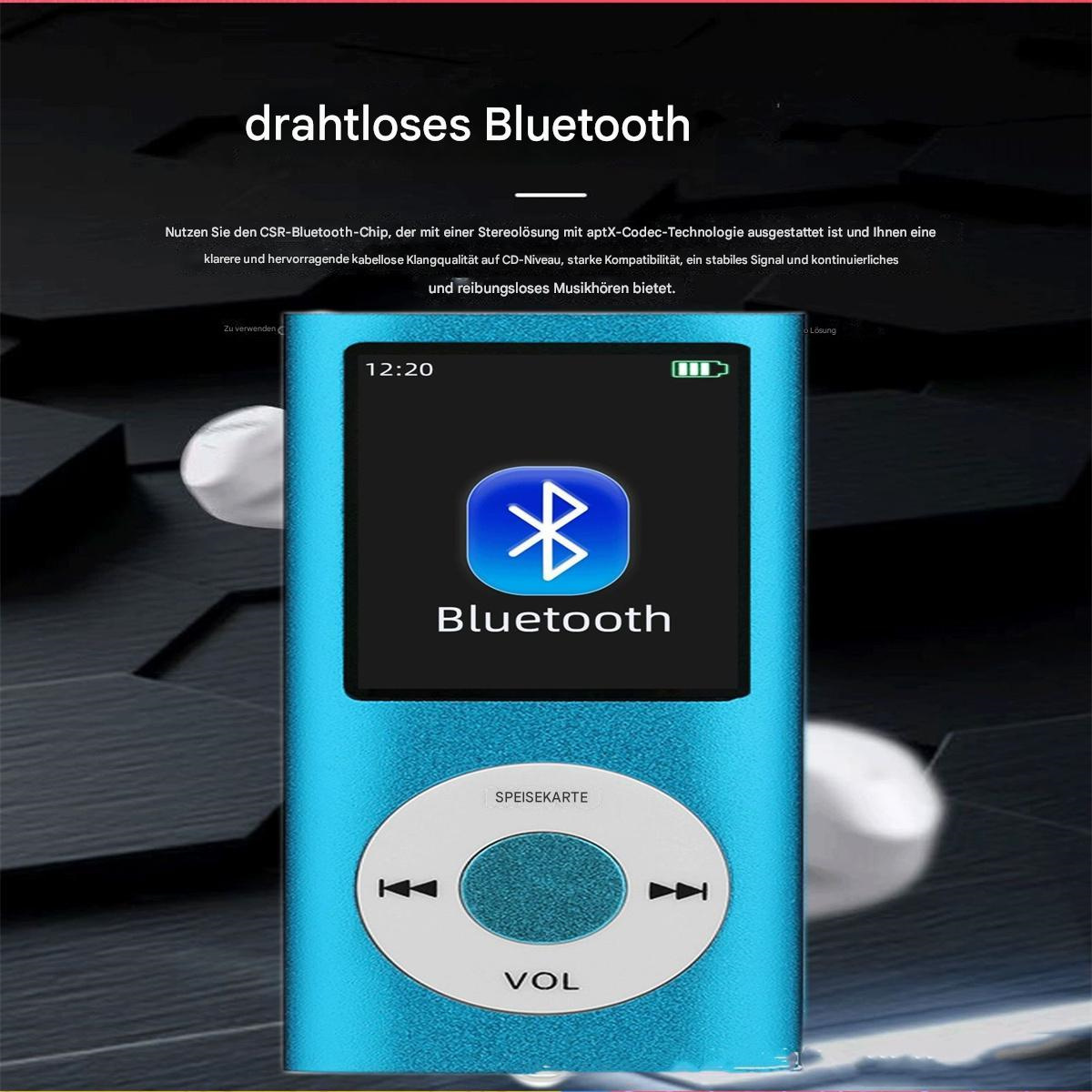 Ein blauer Musikplayer mit einem Bildschirm, der ein Bluetooth-Symbol zeigt, und Steuertasten.