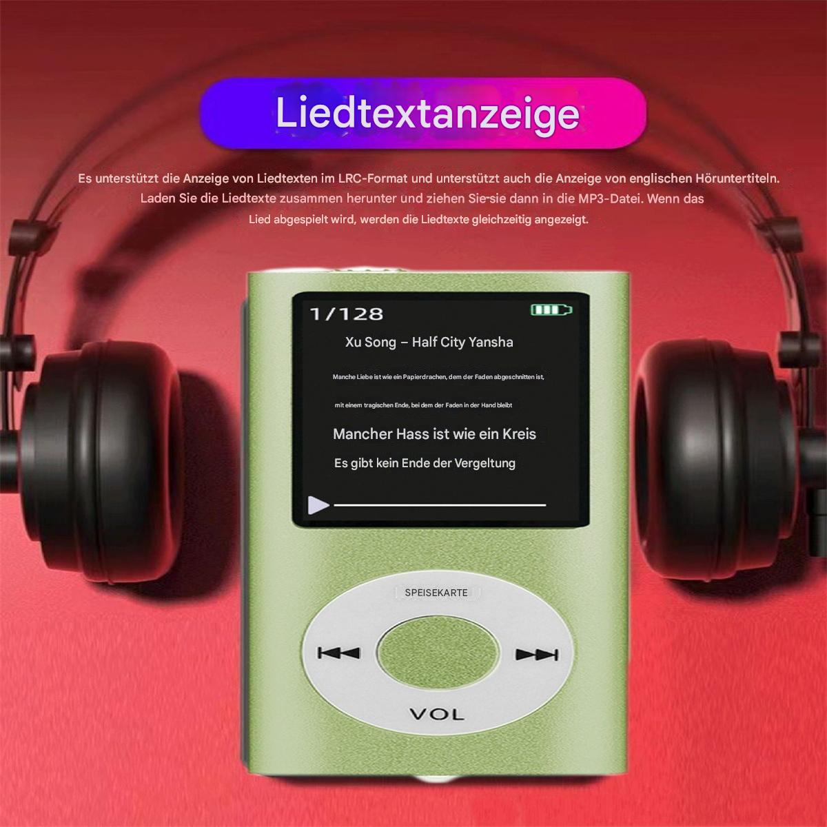 Ein grüner MP3-Player mit Bildschirm und Knöpfen, mit Kopfhörern und Text zur Liedtextanzeige.