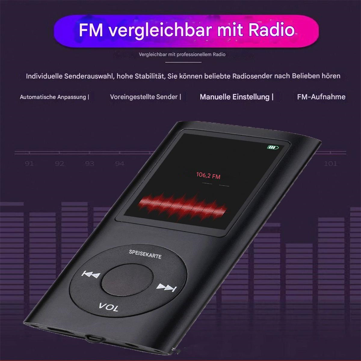 Ein schwarzer tragbarer MP3-Player mit Bildschirm und Steuertasten.