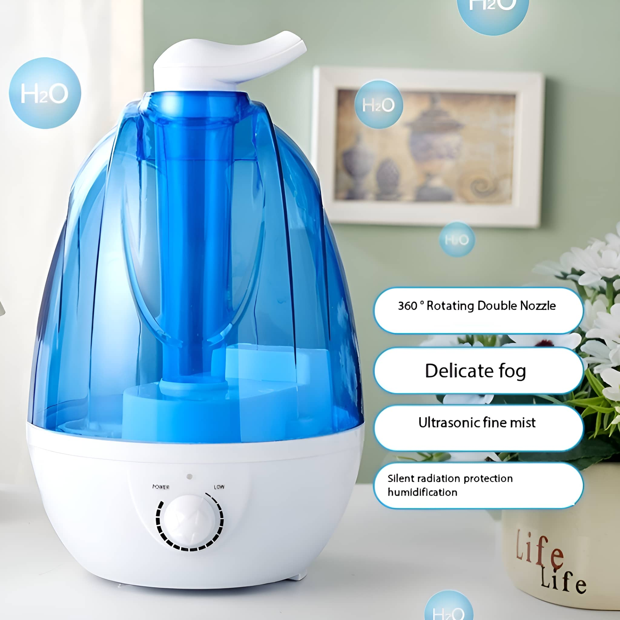 Ein blau-weißer Luftbefeuchter mit Wasserfunktionen und Textbeschriftungen.
