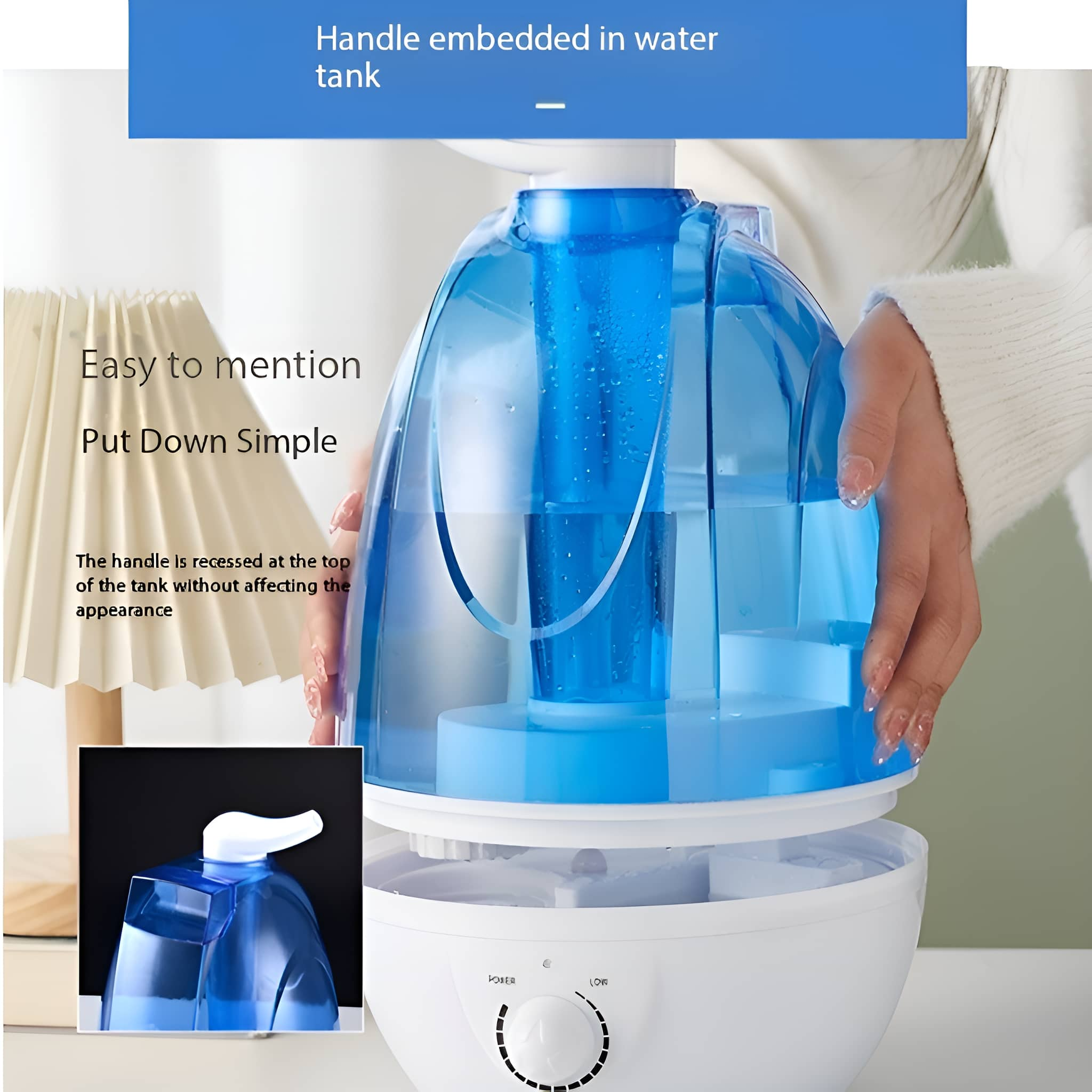 Eine Frau hält einen Wassertank eines Luftbefeuchters. Es ist leicht zu erwähnen.