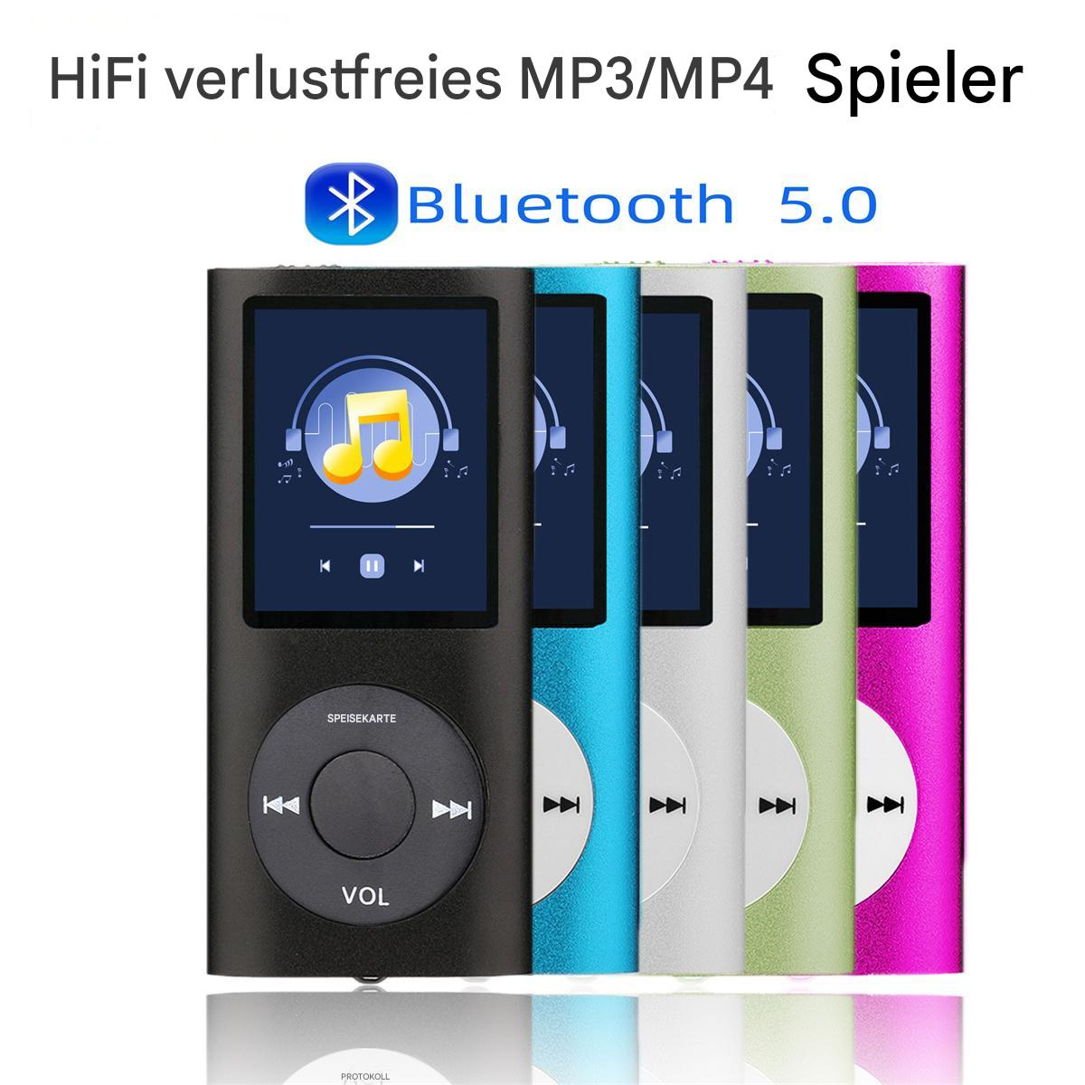 Fünf farbige MP3/MP4-Player, darunter ein schwarzer, mit Bluetooth 5.0 Logo.