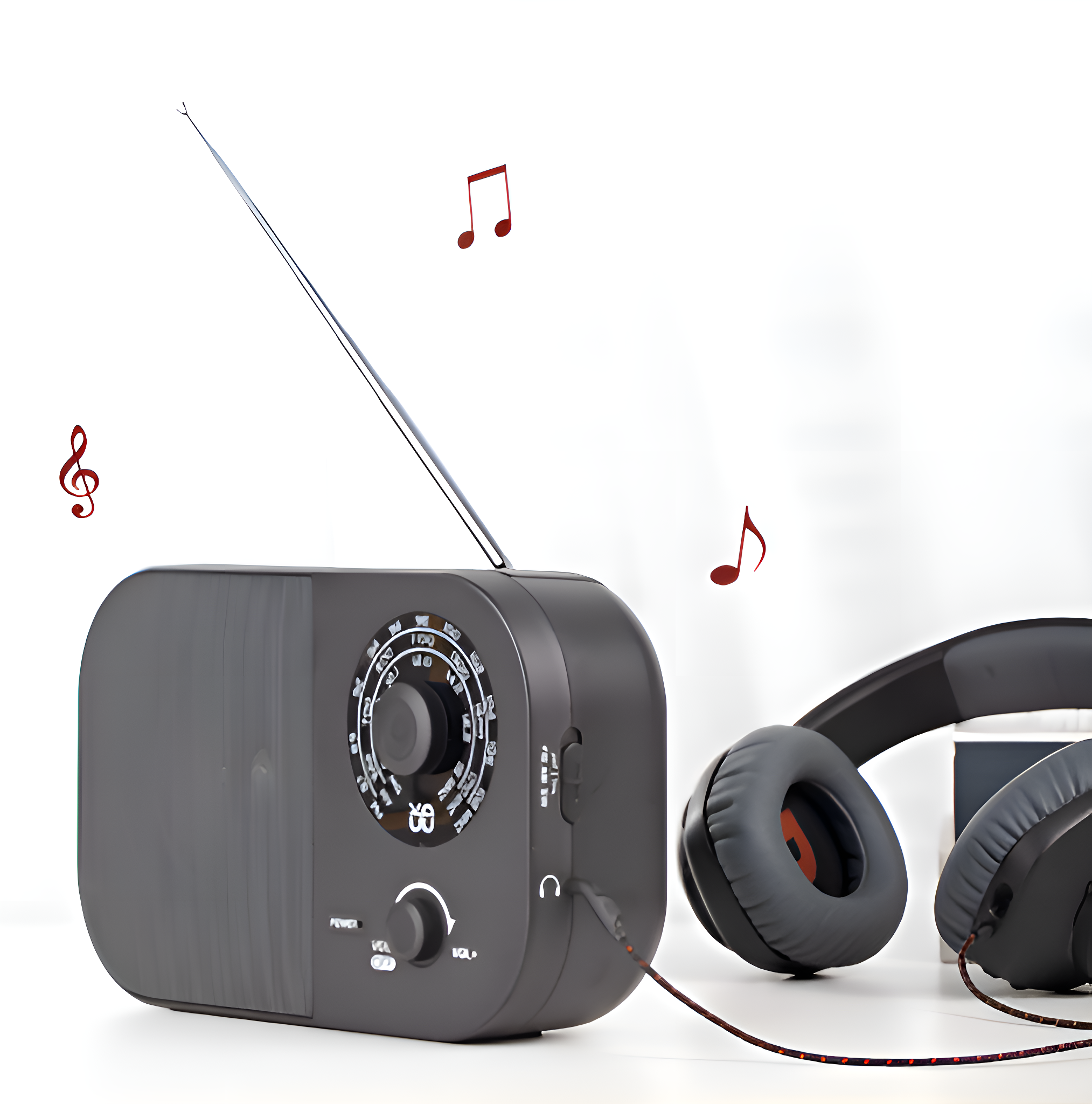 Radio mit Kopfhörern und Noten in der Luft. Weißer Hintergrund.
