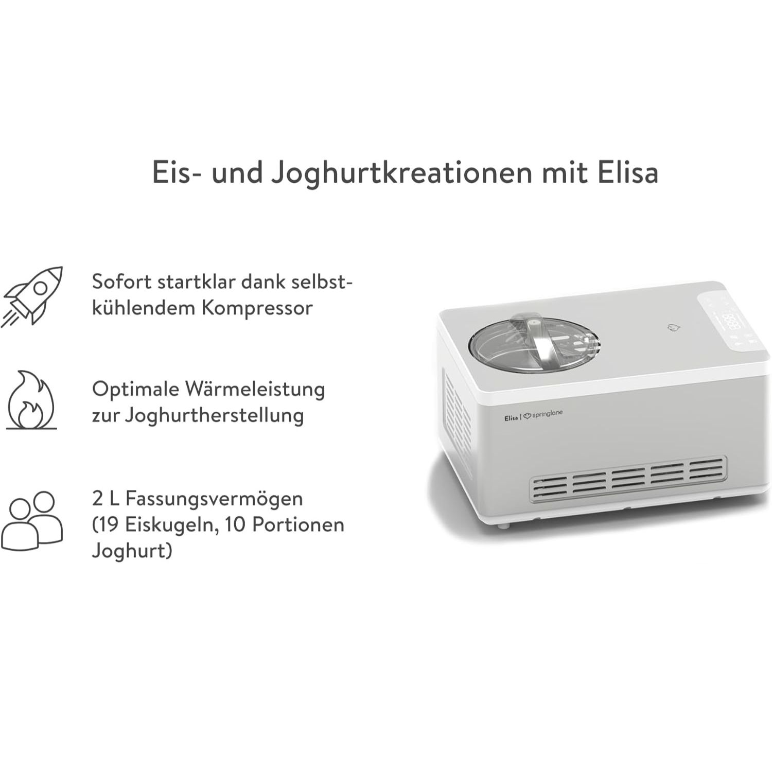 Grauer Eismaschine mit Text und Symbolen, Merkmale des Produkts.