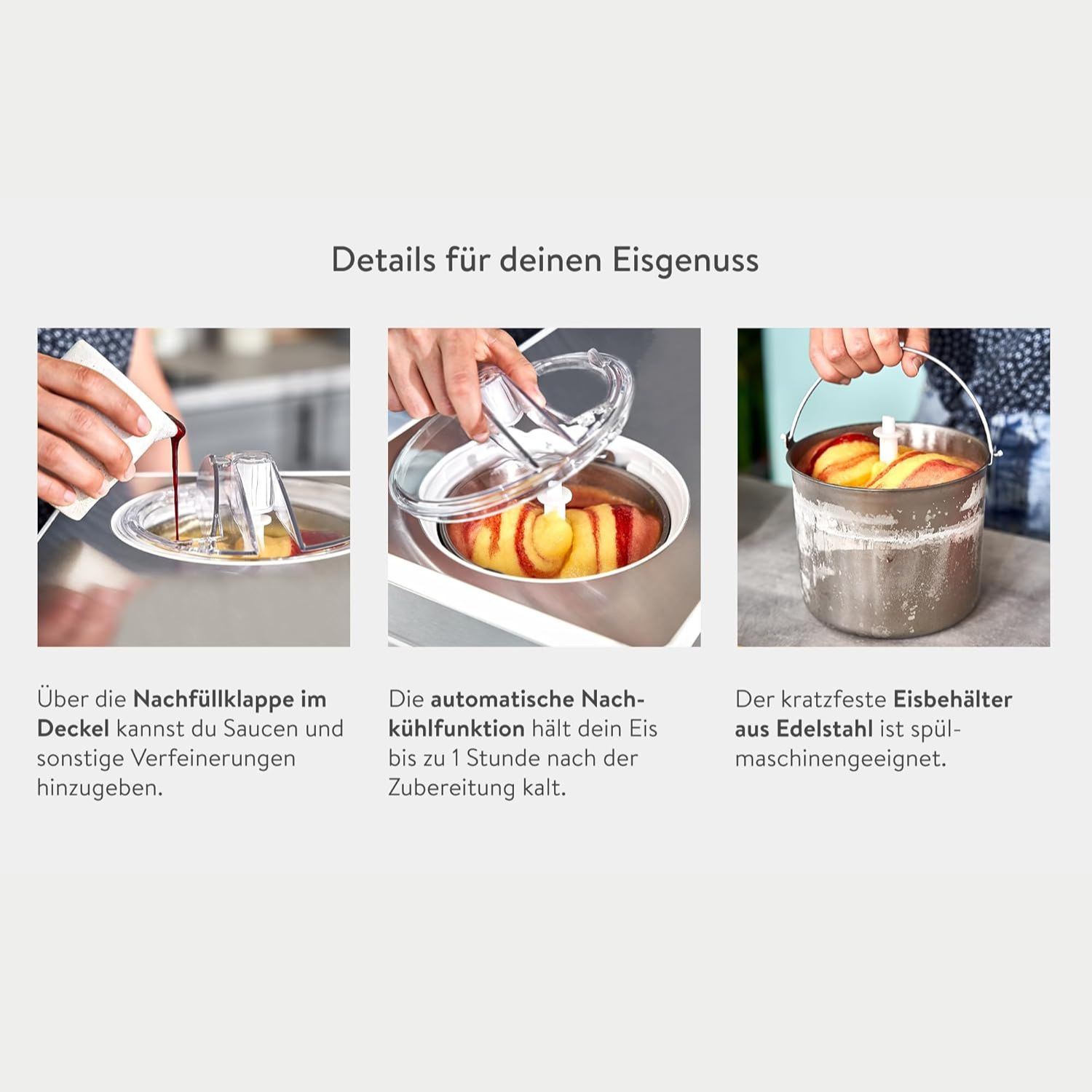 Eiscreme-Details: Soße hinzufügen, Zutaten einfüllen und ein Edelstahlbehälter.