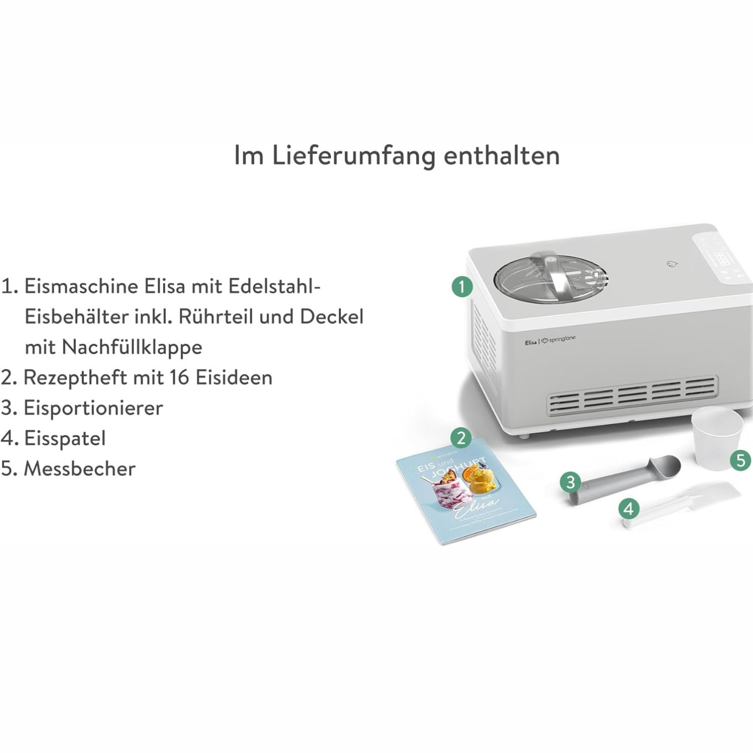 Eine Eismaschine mit Zubehör, darunter ein Rezeptbuch und ein Messbecher.