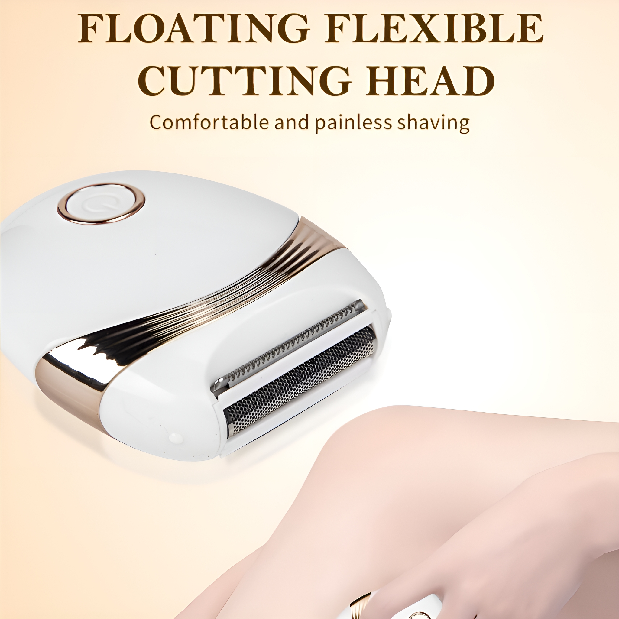 Weißer Elektrorasierer, Nahaufnahme auf der Haut. Text lautet 'Floating Flexible Cutting Head'.
