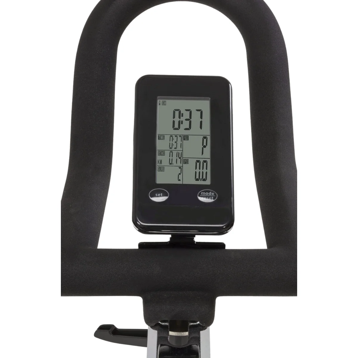 Heimtrainer-Display mit Zeit, Distanz und Geschwindigkeit. Schwarzer Rahmen.