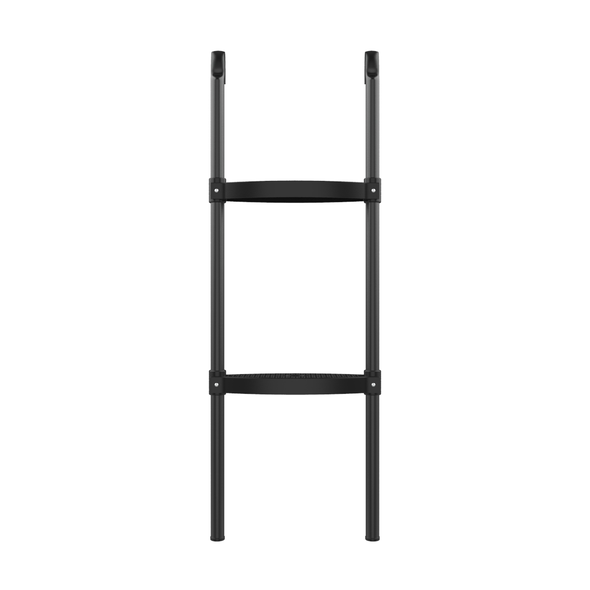 Zwarte metalen ladder met twee treden. Witte achtergrond.