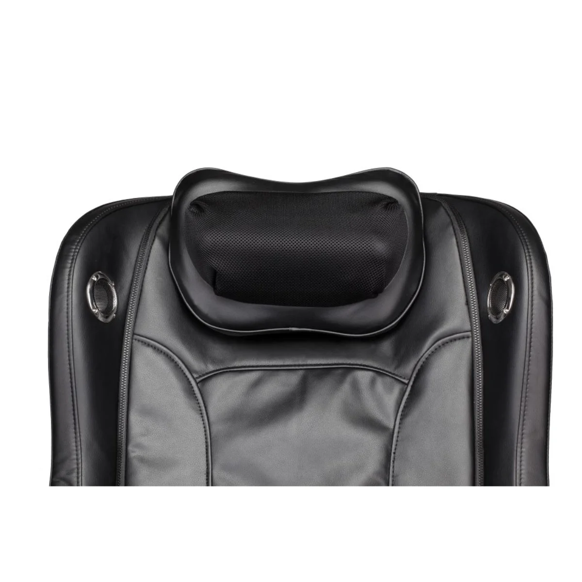 A black leather massage chair headrest with a black neck rest.