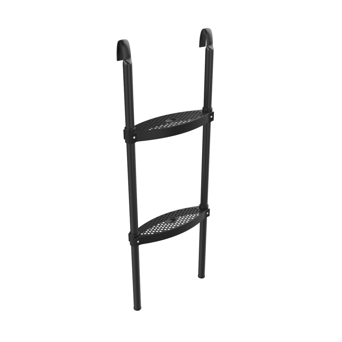 Zwarte metalen ladder met twee treden, bovenaan gehaakt. Witte achtergrond.
