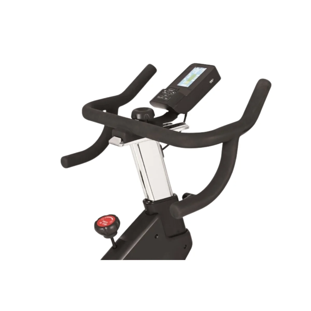 Heimtrainer-Griff und -Display. Schwarze Griffe, silberne Stange, roter Knopf.