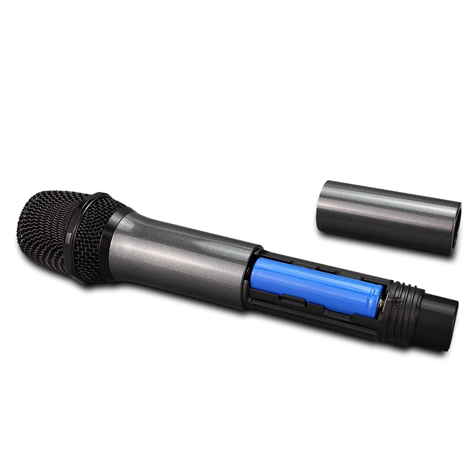 Grijze microfoon met de onderkant open, met een blauwe batterij.