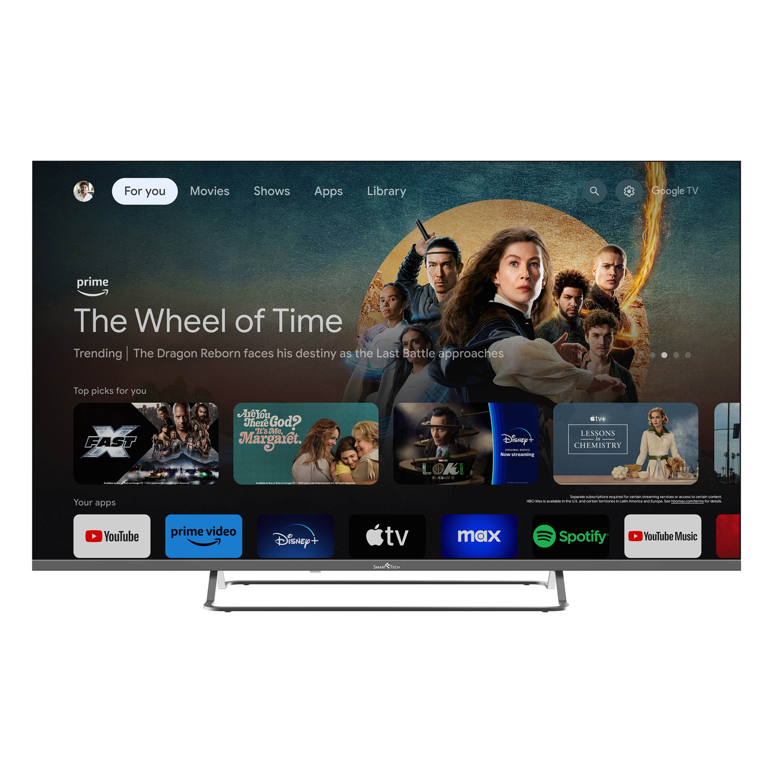 Un televisor de pantalla ancha que muestra la interfaz de un servicio de streaming con recomendaciones de películas y series.