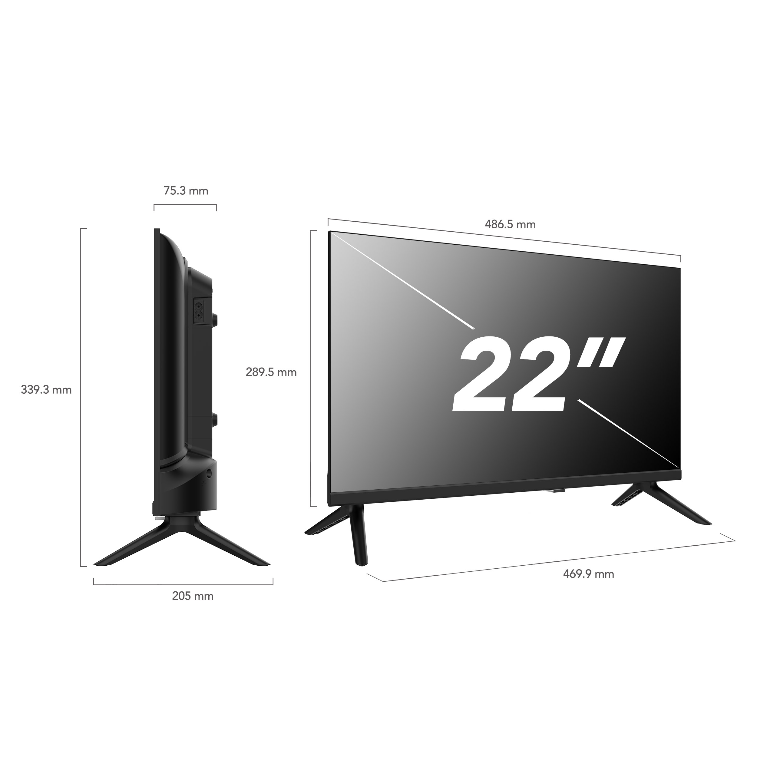Ein schwarzer 22-Zoll-Fernseher mit Abmessungen. Er hat einen Ständer und ist vor weißem Hintergrund.