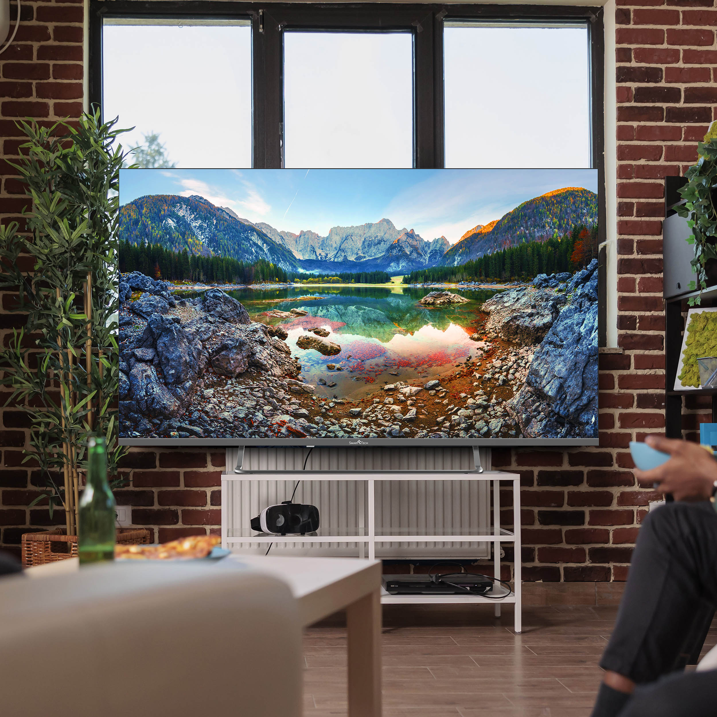 Un televisor muestra una vista escénica del lago. Una persona sostiene un teléfono. Plantas y pared de ladrillo al fondo.