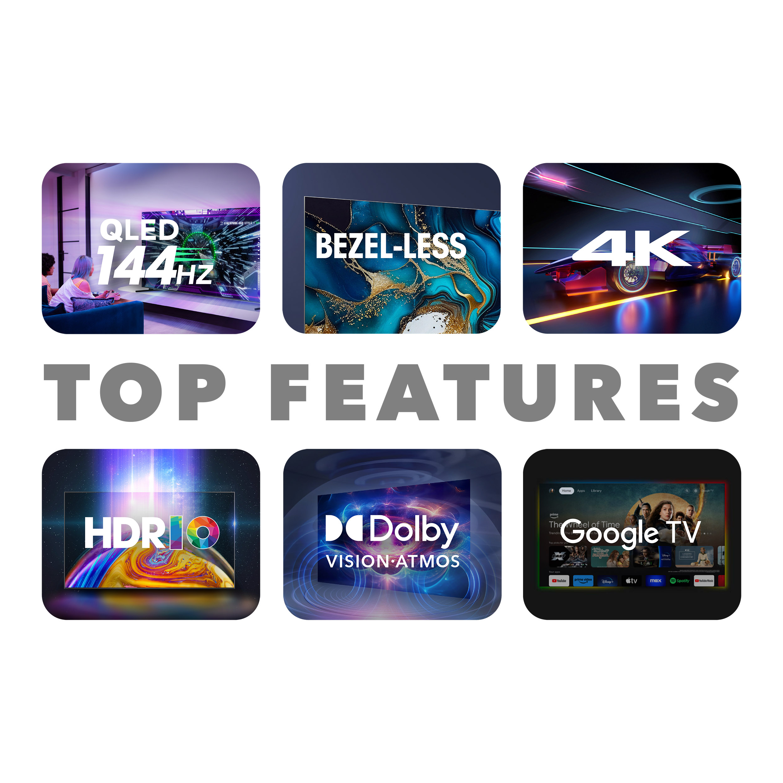 Funkcje telewizora: QLED, bezramkowy, 4K, HDR, Dolby Vision i Google TV.
