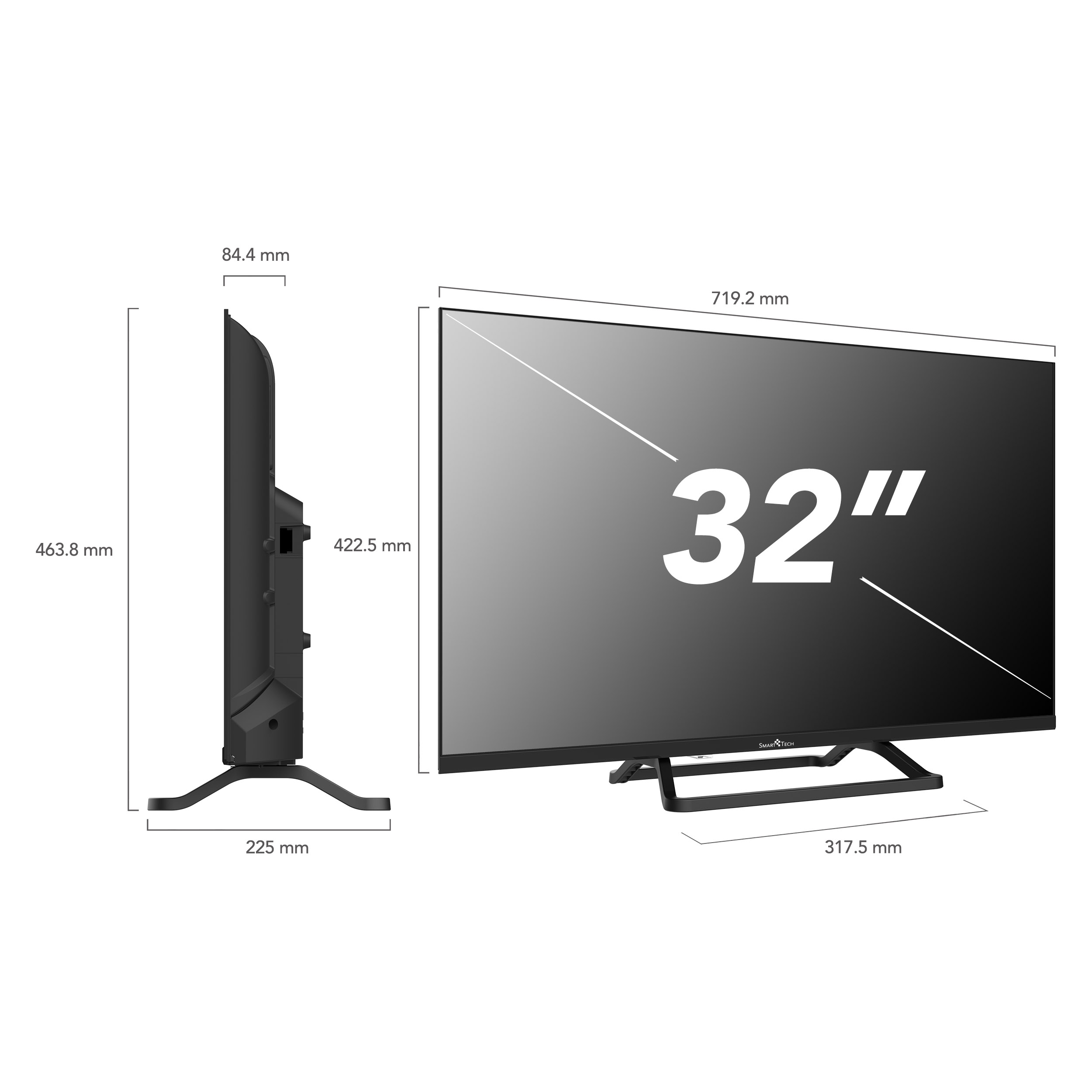 Ein 32-Zoll-Fernseher mit beschrifteten Abmessungen. Der Fernseher ist schwarz mit einem Ständer.