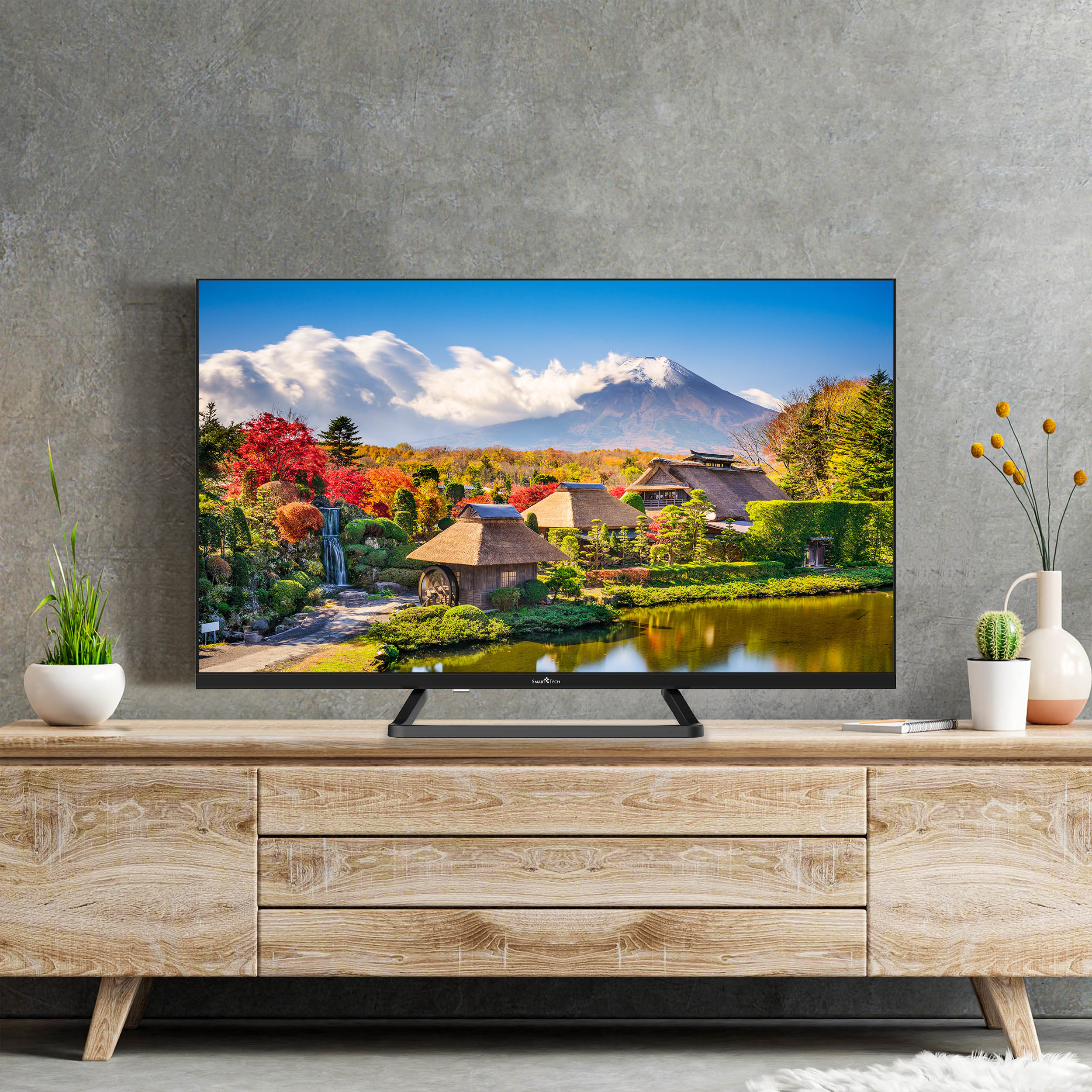 Fernseher auf Holzschrank, Landschaft.