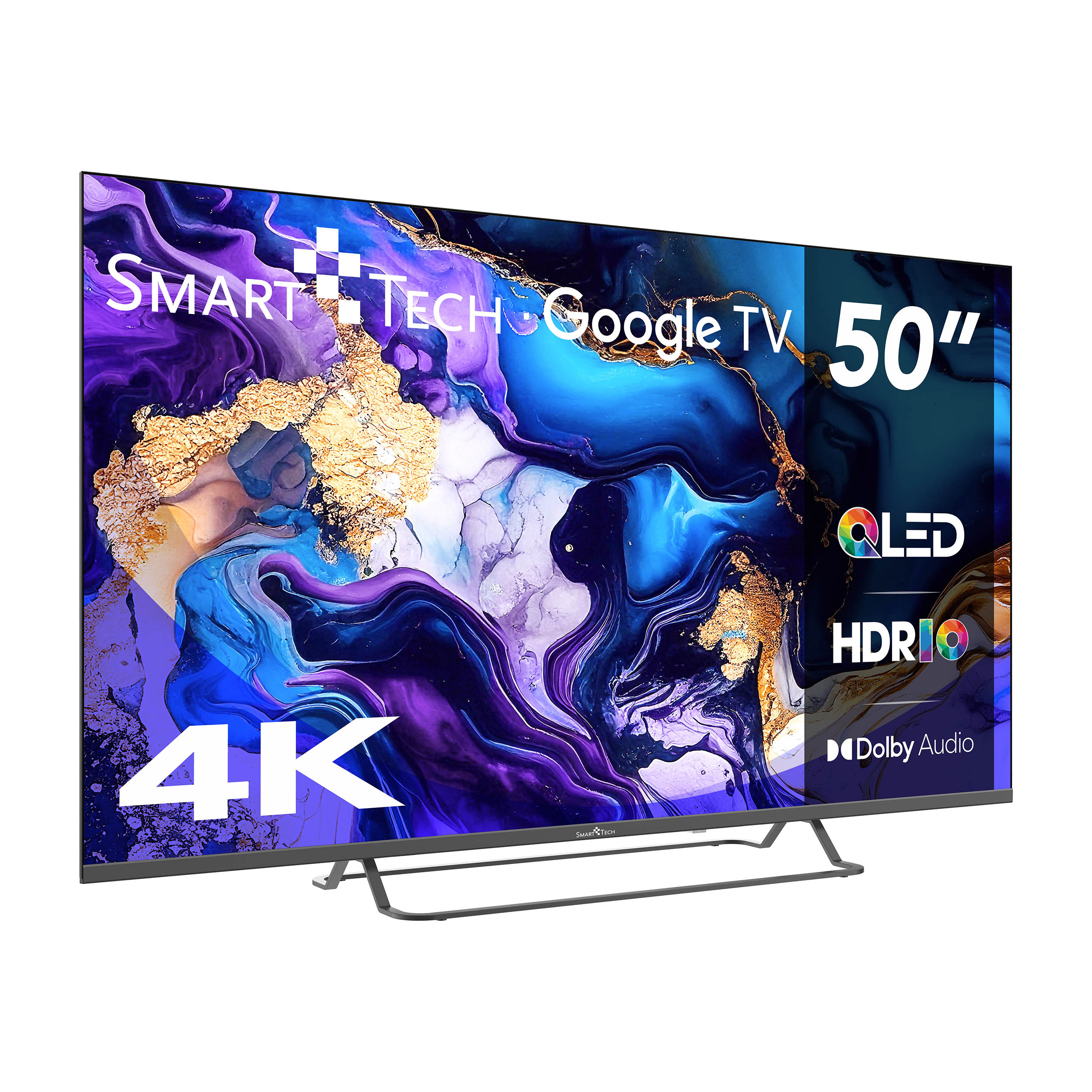 Un televisor de pantalla plana con una pantalla grande, que muestra una imagen abstracta colorida.