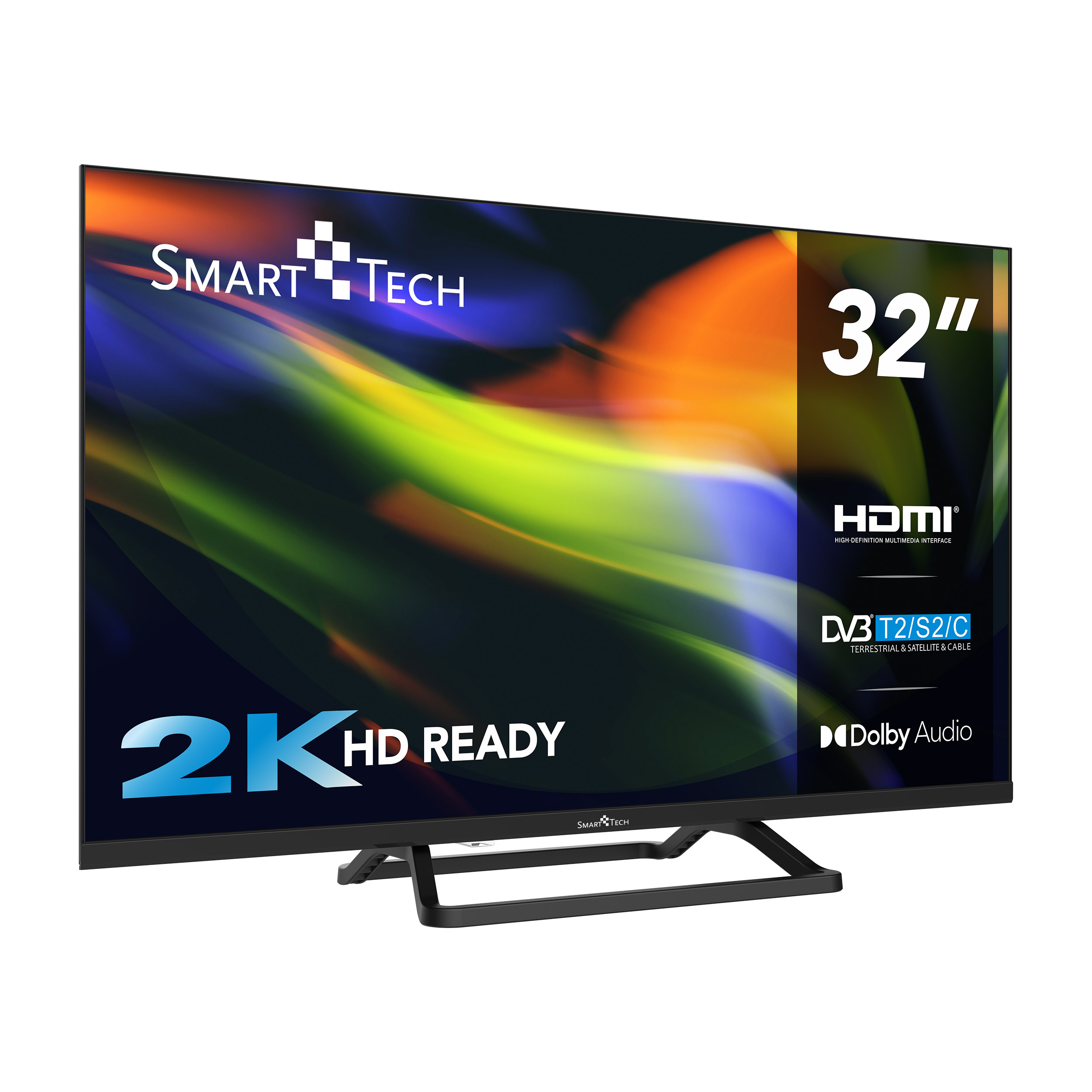 Ein 32" SMART TECH TV mit 2K HD READY und Dolby Audio wird auf einem weißen Hintergrund angezeigt.