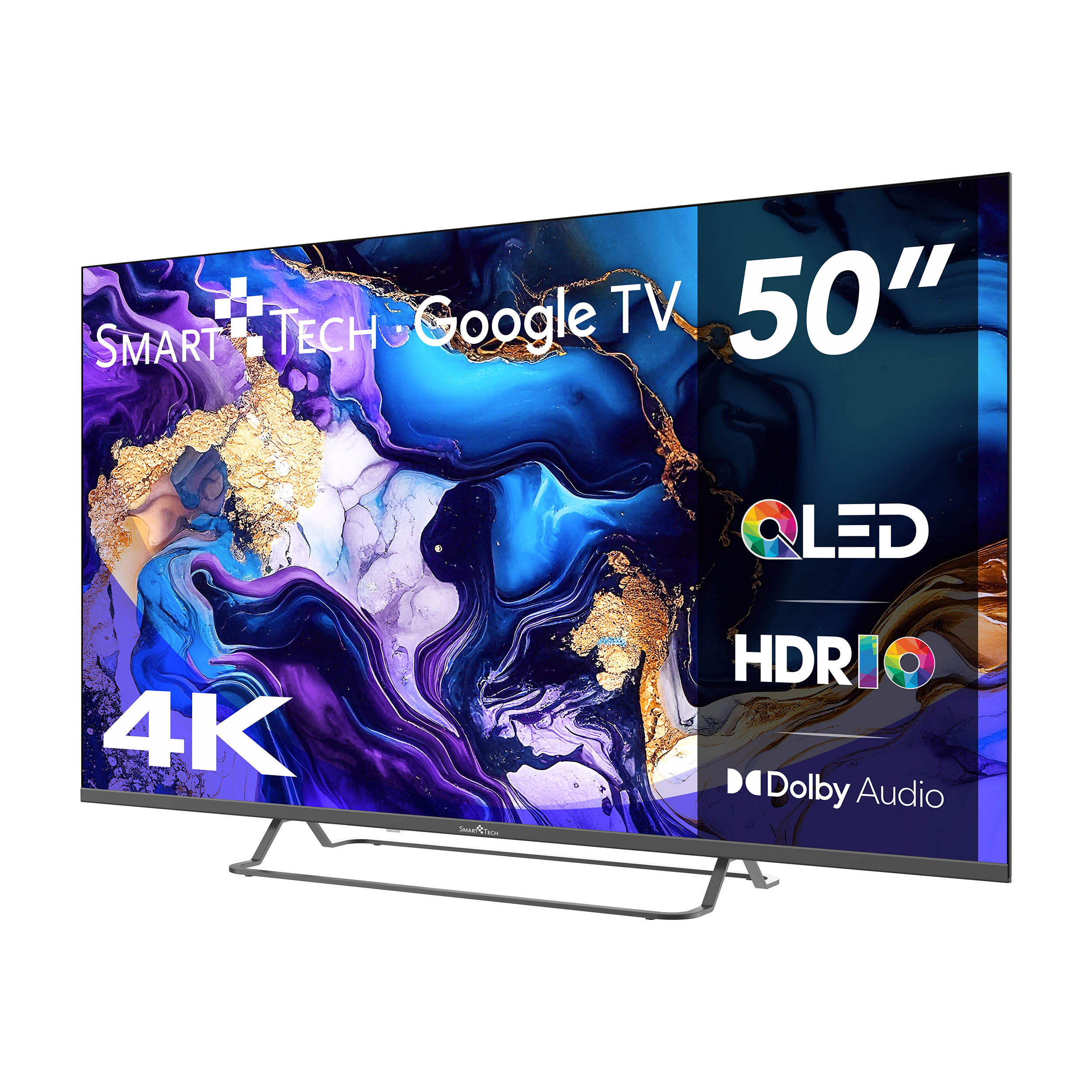 Un televisor Smart Tech de 50", en ángulo, que muestra un fondo abstracto y colorido, QLED HDR.