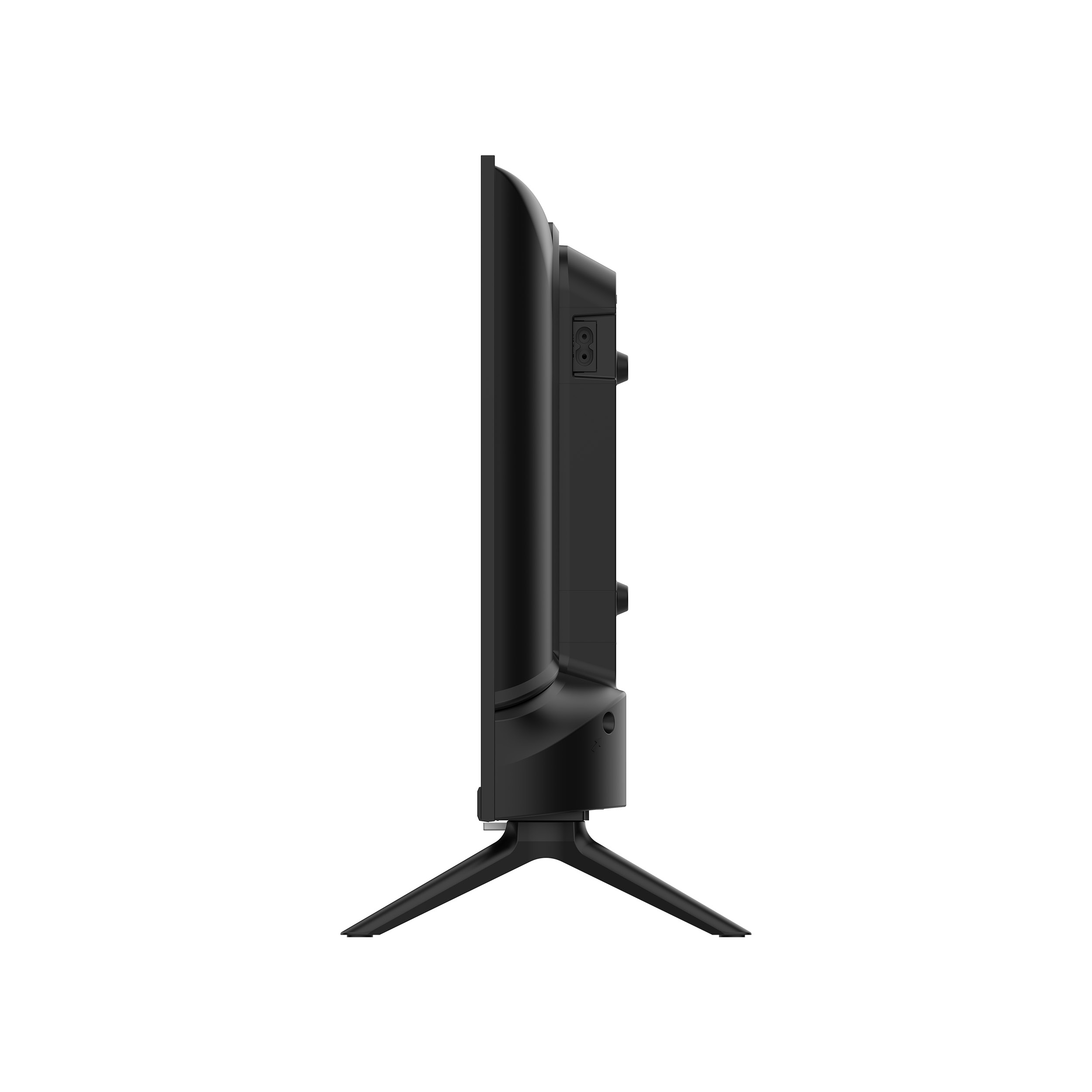 Schwarzer Fernseher, Seitenansicht, mit Ständer. Weißer Hintergrund.