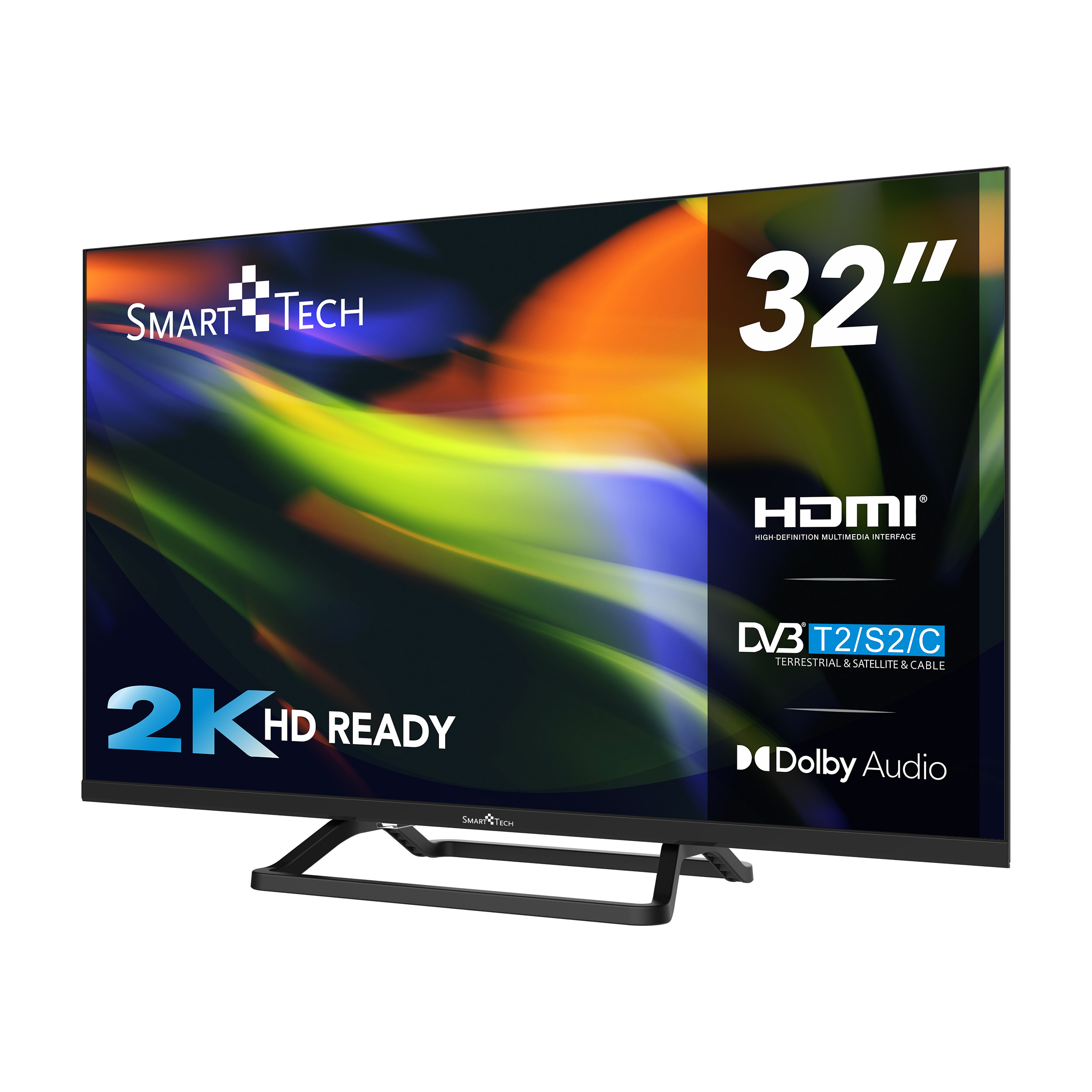 Ein 32" SMART TECH TV mit 2K HD READY und Dolby Audio wird auf einem weißen Hintergrund angezeigt.