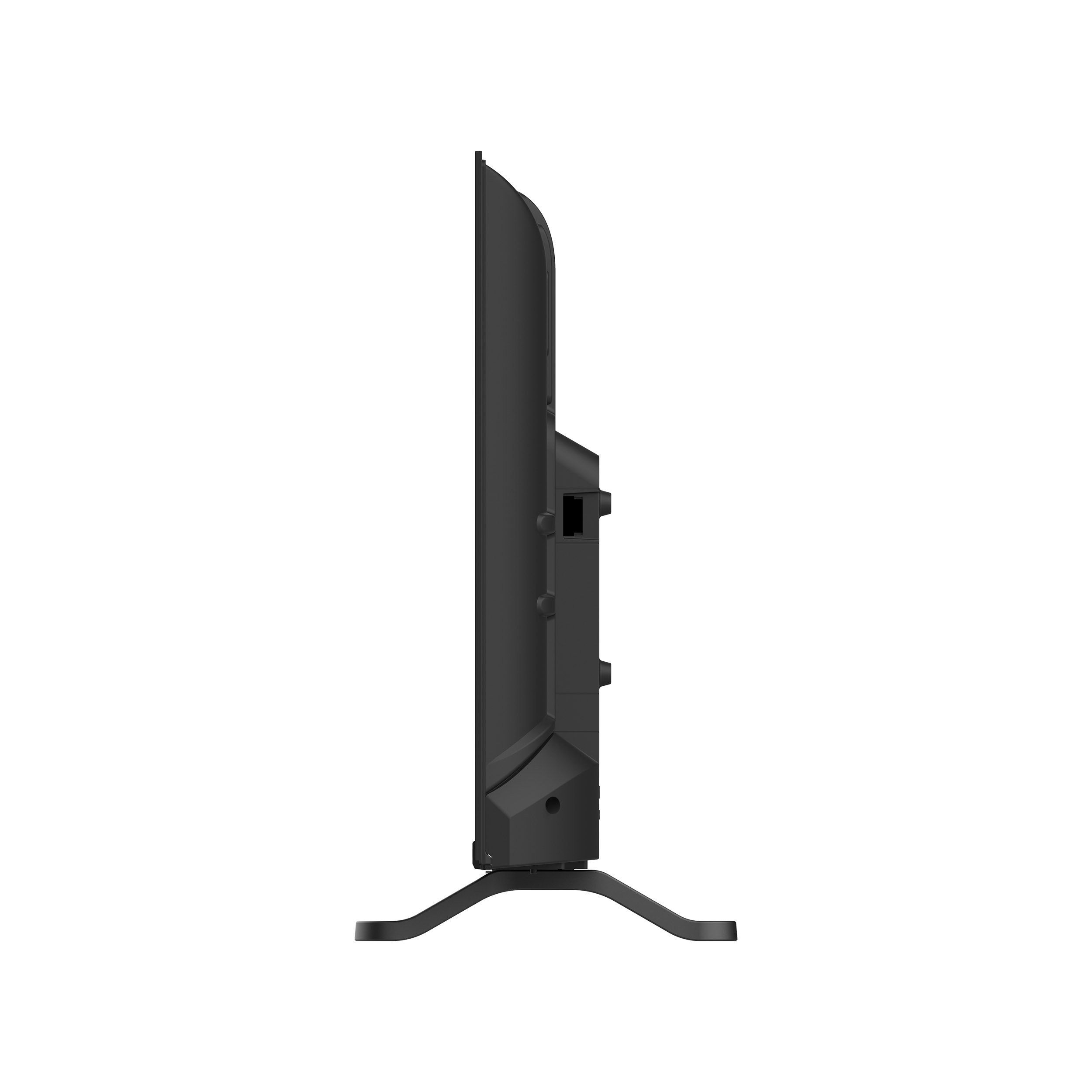 Ein schwarzer Fernseher, von der Seite betrachtet, mit einem Ständer.