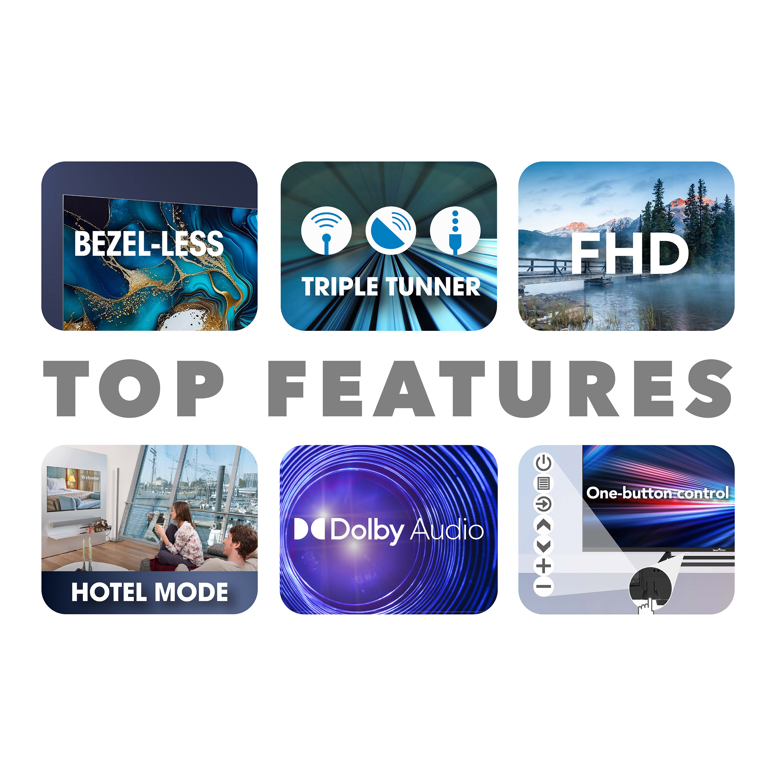 Top-Features auf einem Bildschirm. Symbole zeigen rahmenlos, Triple Tuner, FHD, Hotelmodus, Dolby Audio und Ein-Knopf-Steuerung.