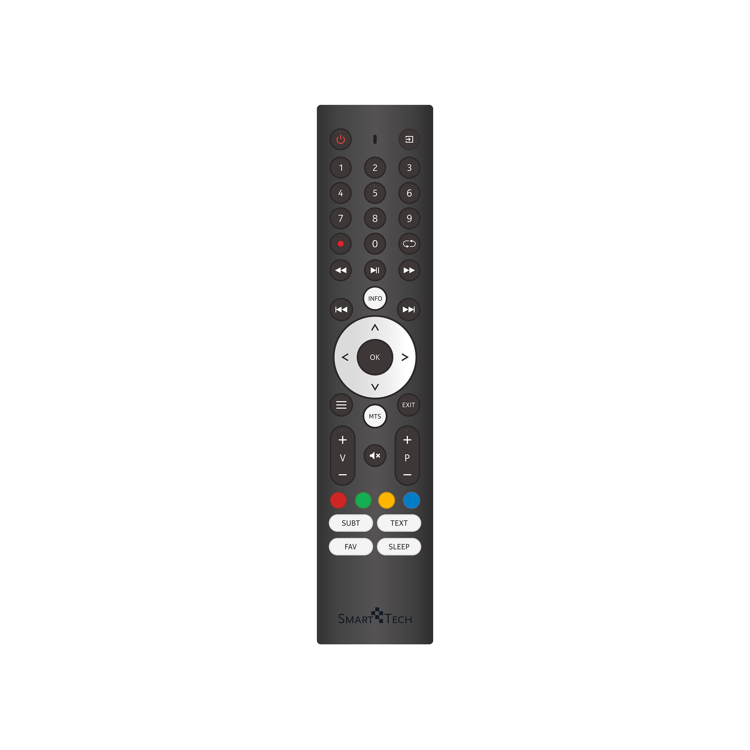 Schwarze Fernbedienung mit Tasten für einen Smart-TV.