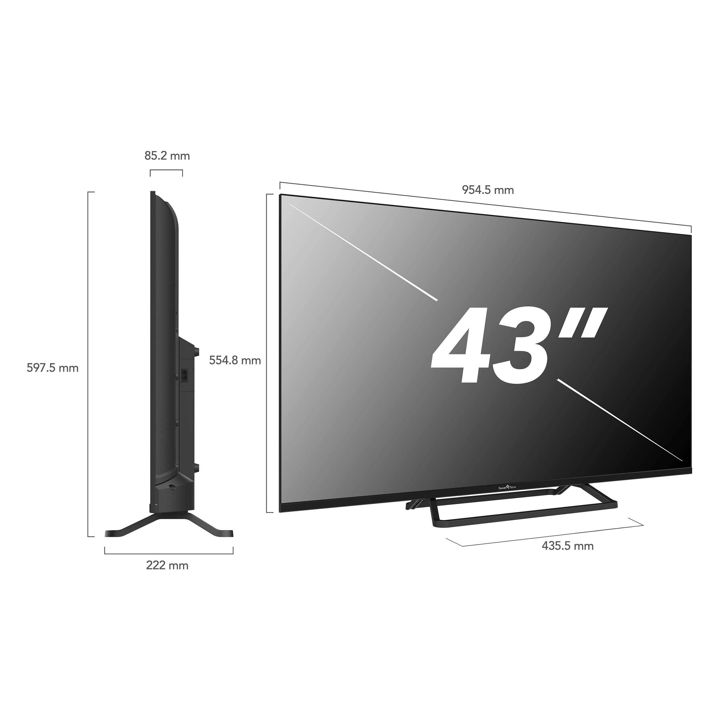 Ein schwarzer Fernseher mit Ständer. Abmessungen mit Millimeterangaben.