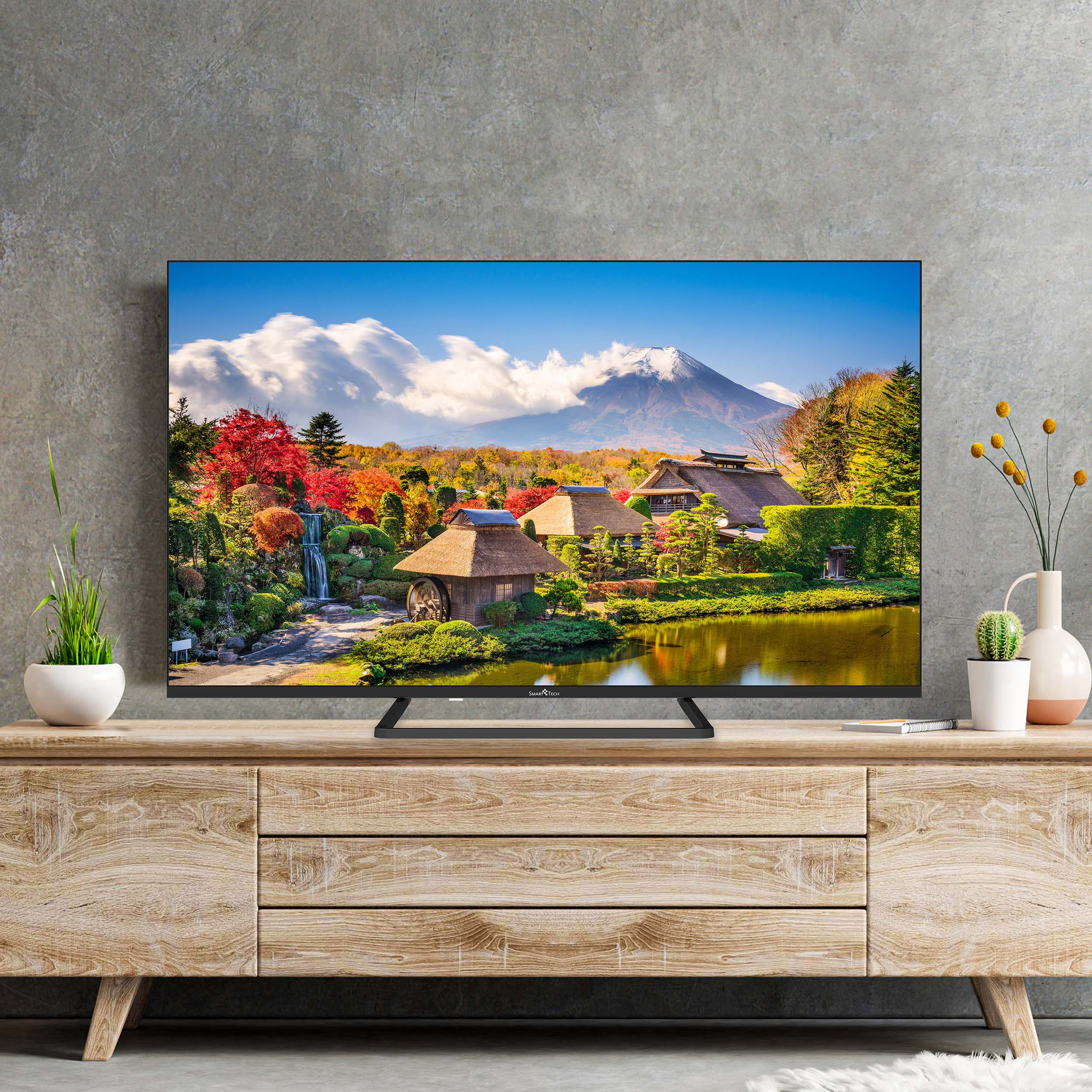 Ein Fernseher, der eine japanische Landschaft zeigt. Der Fernseher steht auf einem Holzschrank, mit Pflanzen und Dekorationen.