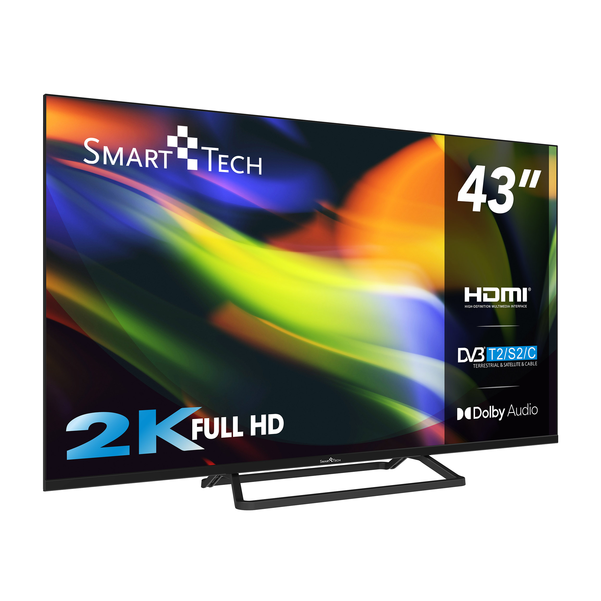 Ein 43-Zoll Smart Tech TV, 2K Full HD, HDMI, DVB T2/S2/C und Dolby Audio. Weißer Hintergrund.
