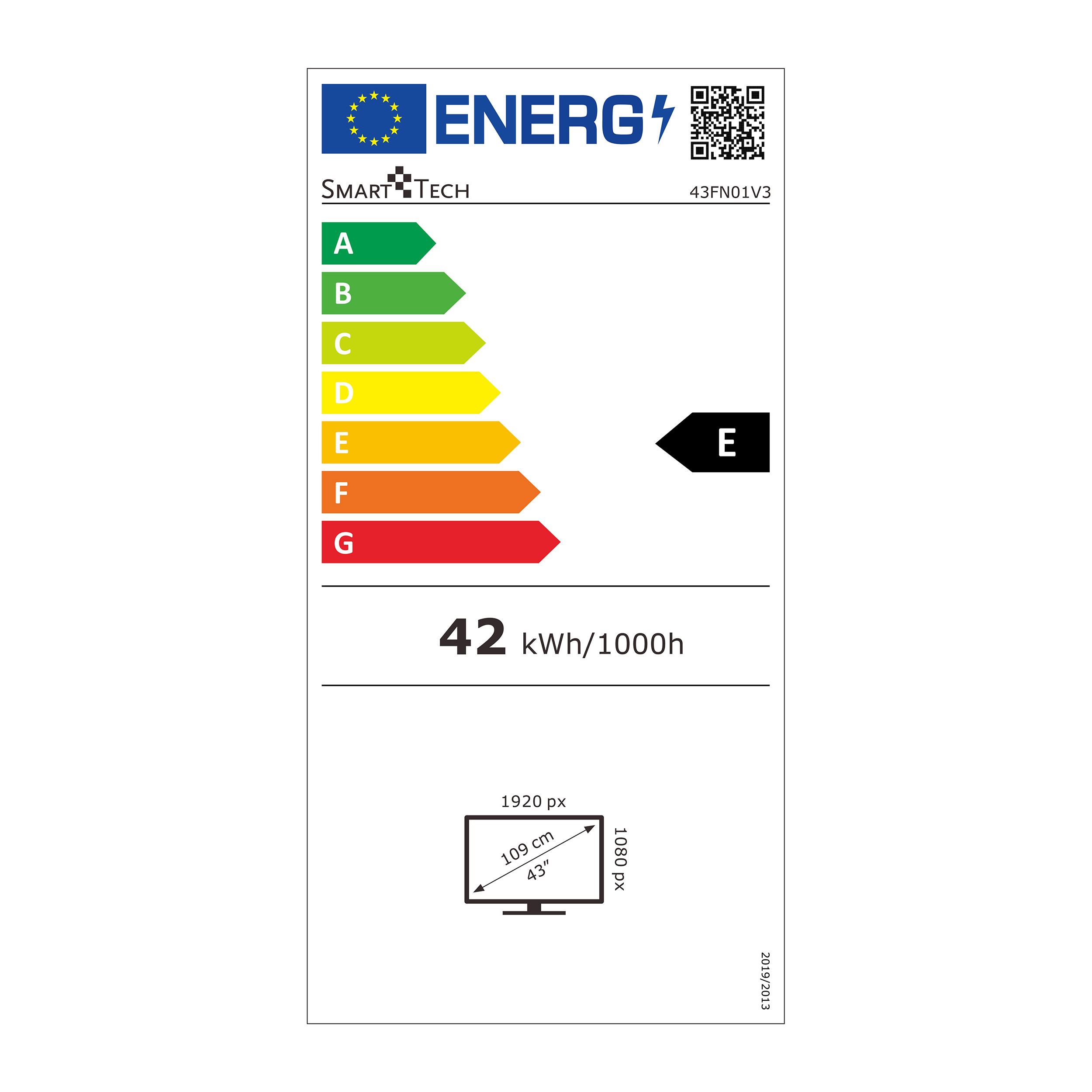 Energieeffizienzlabel für einen 43" Smart Tech TV. Zeigt Energieklasse E, Energieverbrauch 42 kWh/1000h.