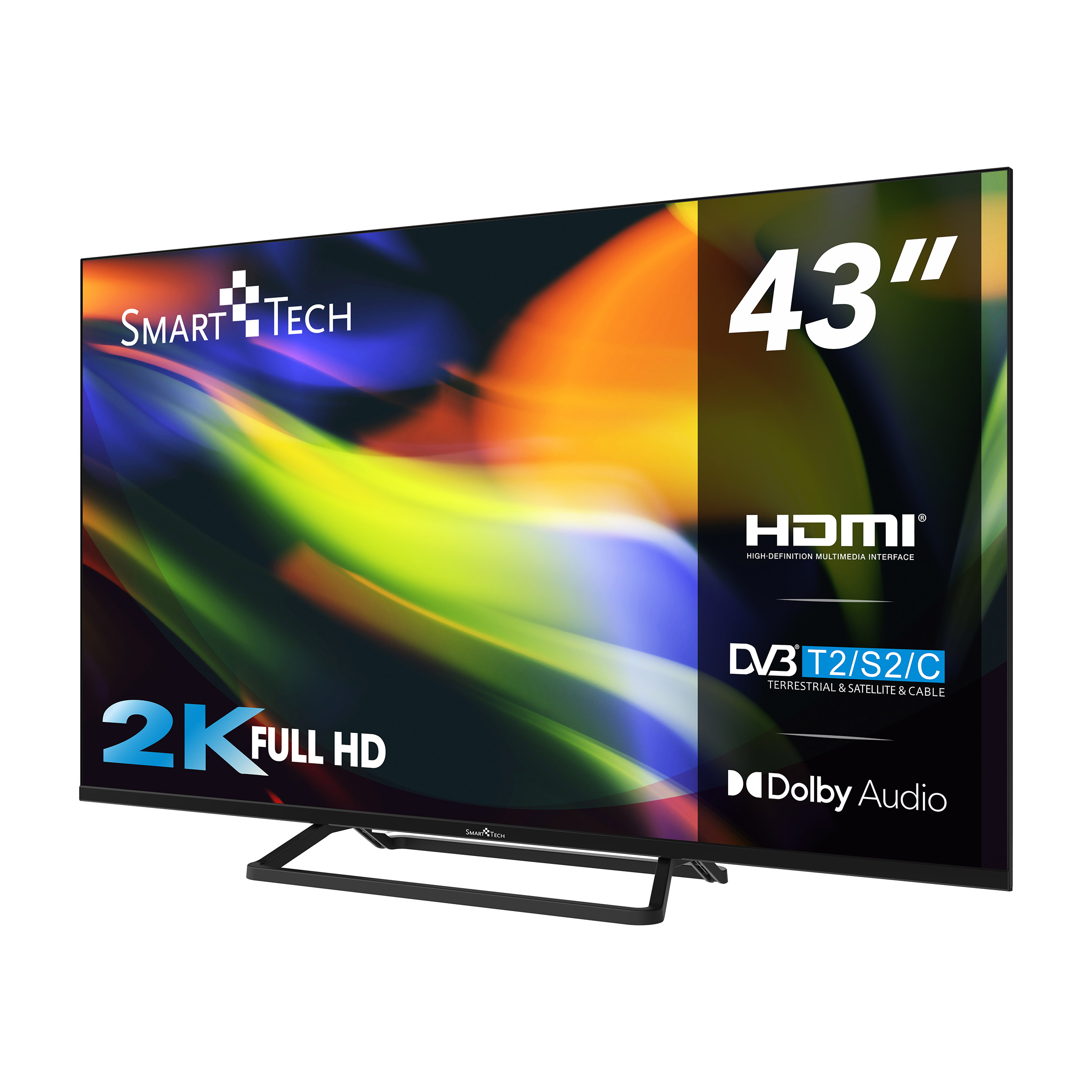 43-Zoll Smart Tech Fernseher. Schwarzer Rahmen, Ständer. Etiketten: 2K Full HD, HDMI, Dolby Audio.