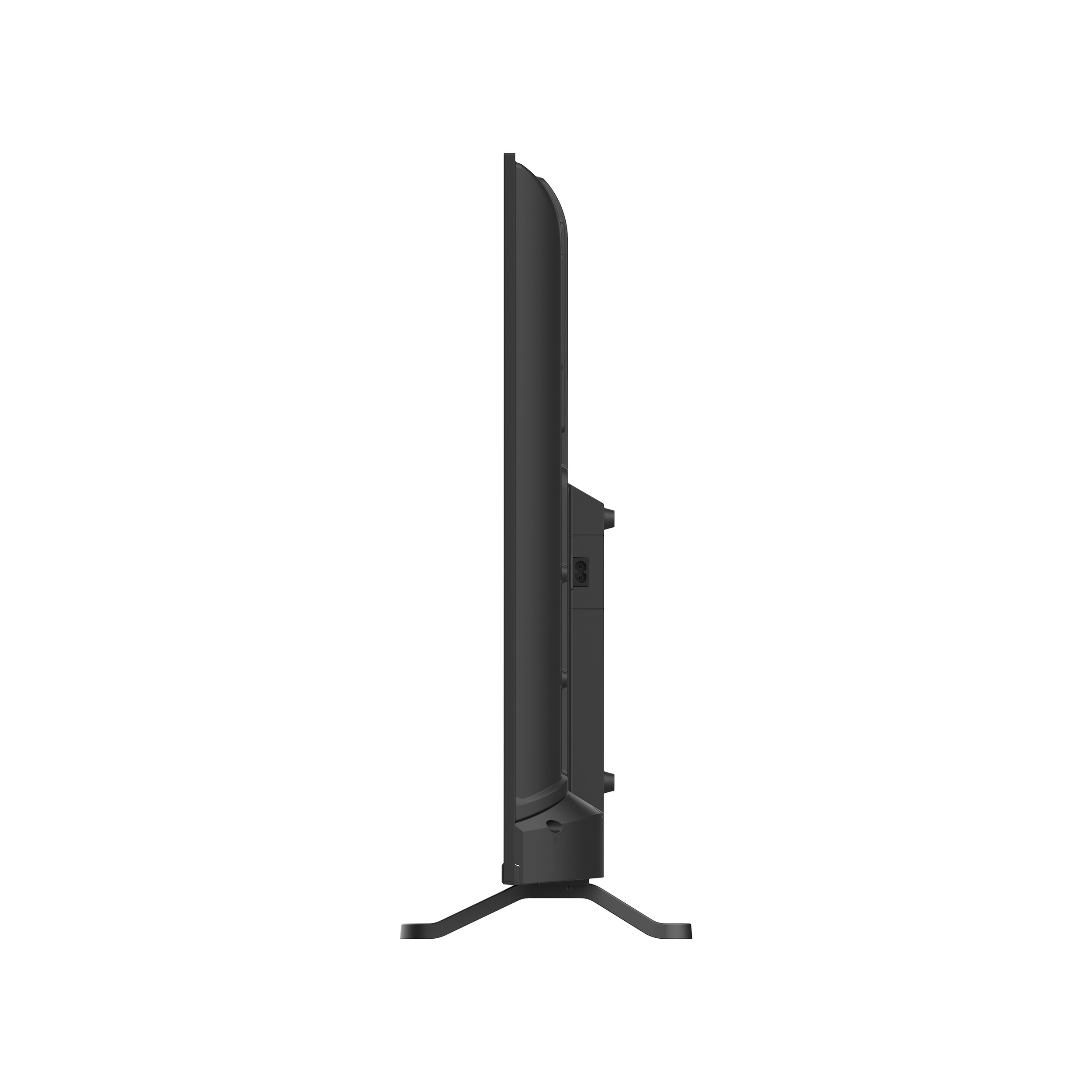 Eine Seitenansicht eines schwarzen Fernsehers auf einem Ständer. Der Fernseher ist dünn und hat eine schwarze Blende.