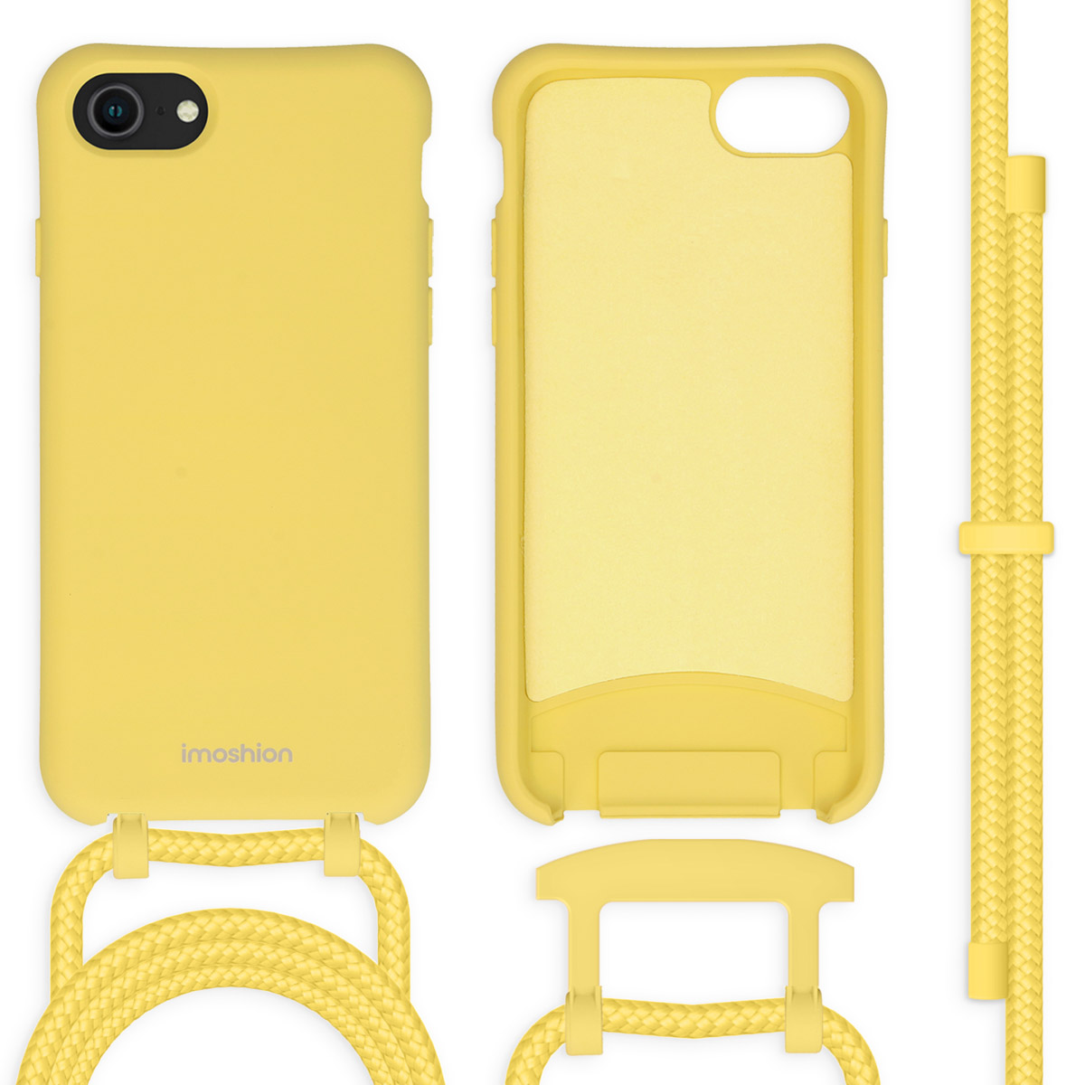 Gele telefoonhoes met een geel touw en een gele standaard. De merknaam 'imoshion' is zichtbaar.