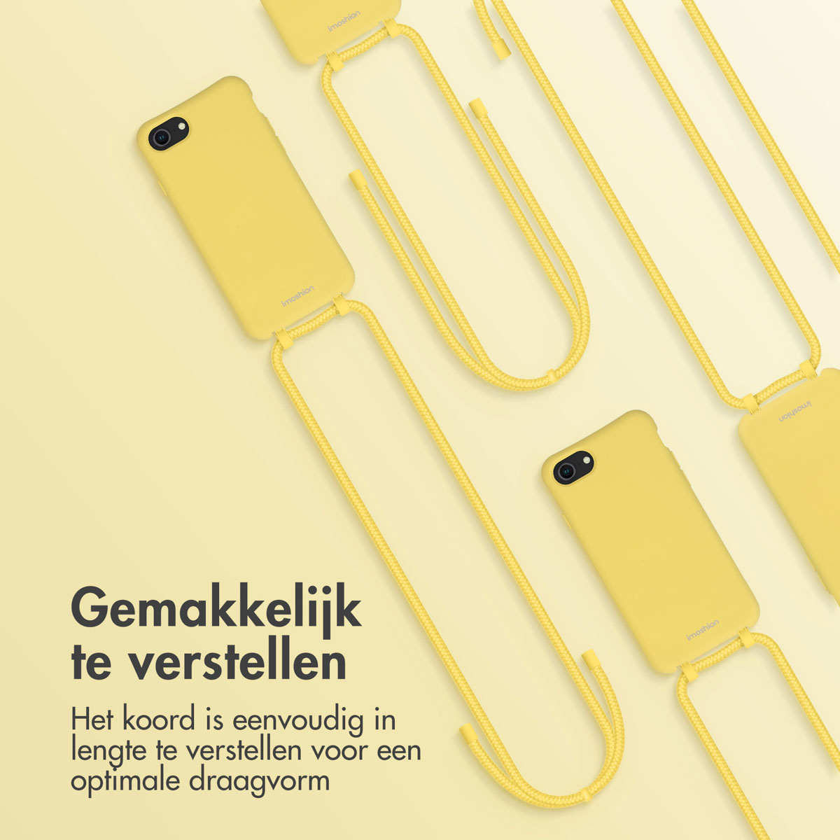 Gele telefoonhoesjes met koorden, tekst luidt: 'Gemakkelijk aan te passen. Het koord is gemakkelijk aan te passen voor de beste pasvorm'.
